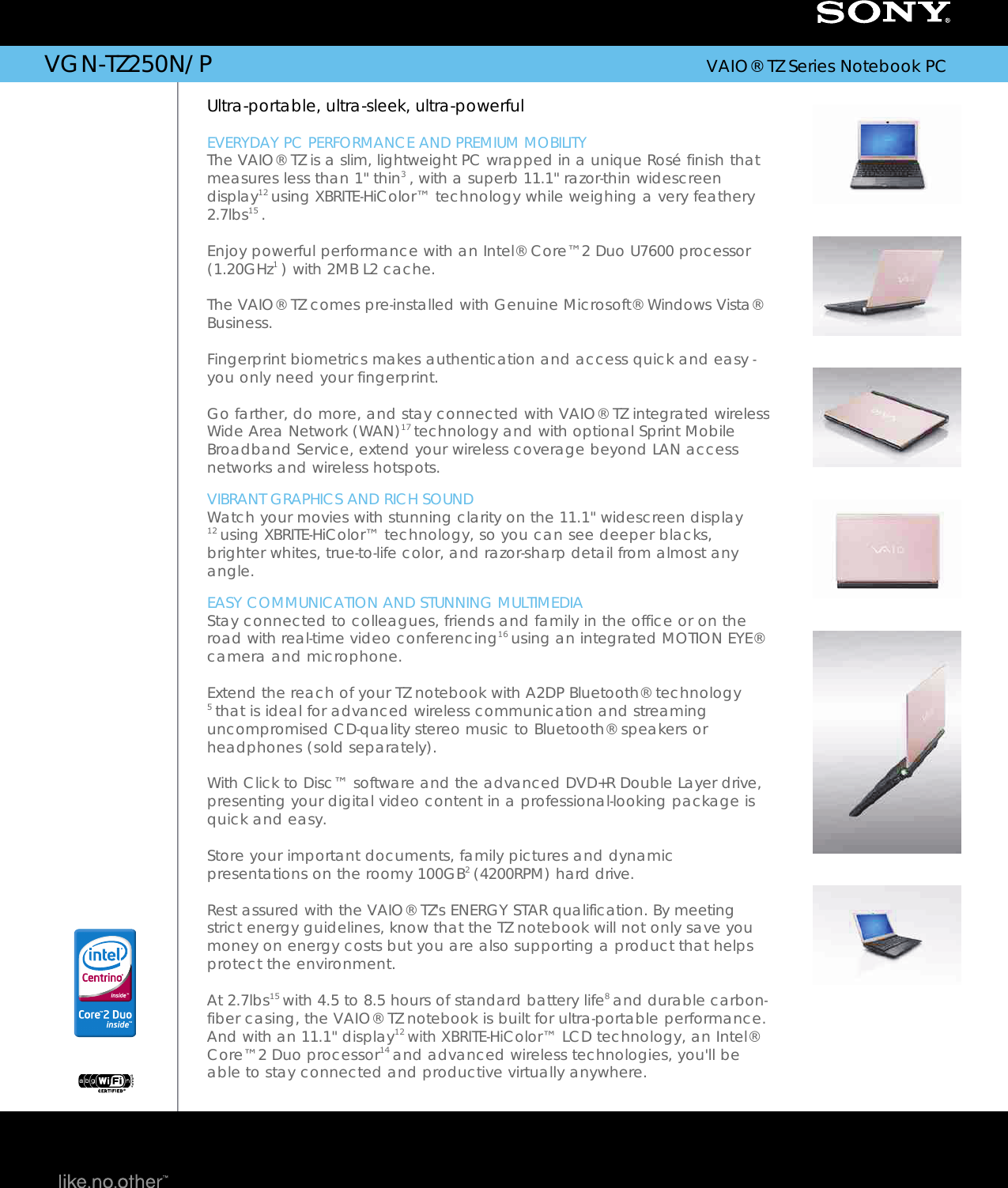 Page 1 of 2 - Sony VGN-TZ250N User Manual Marketing Specifications (VGNTZ250NP) VGNTZ250NP Mksp