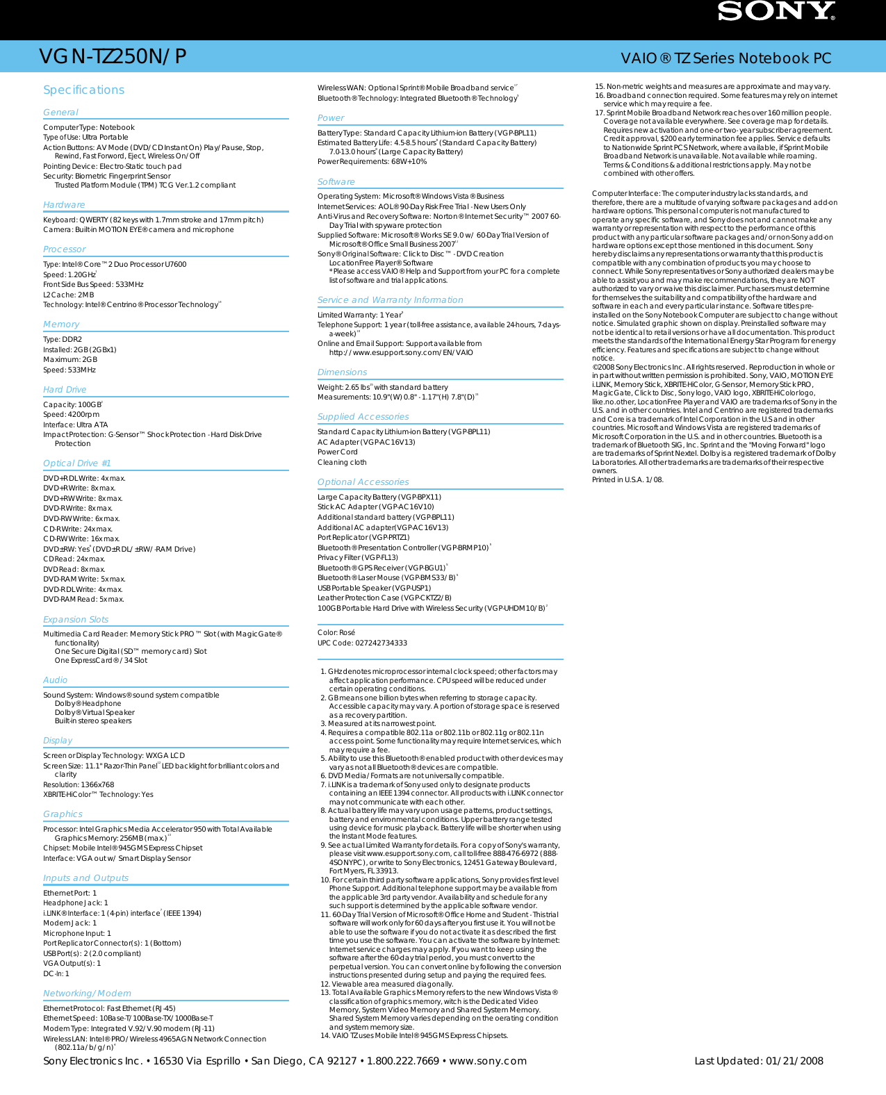 Page 2 of 2 - Sony VGN-TZ250N User Manual Marketing Specifications (VGNTZ250NP) VGNTZ250NP Mksp