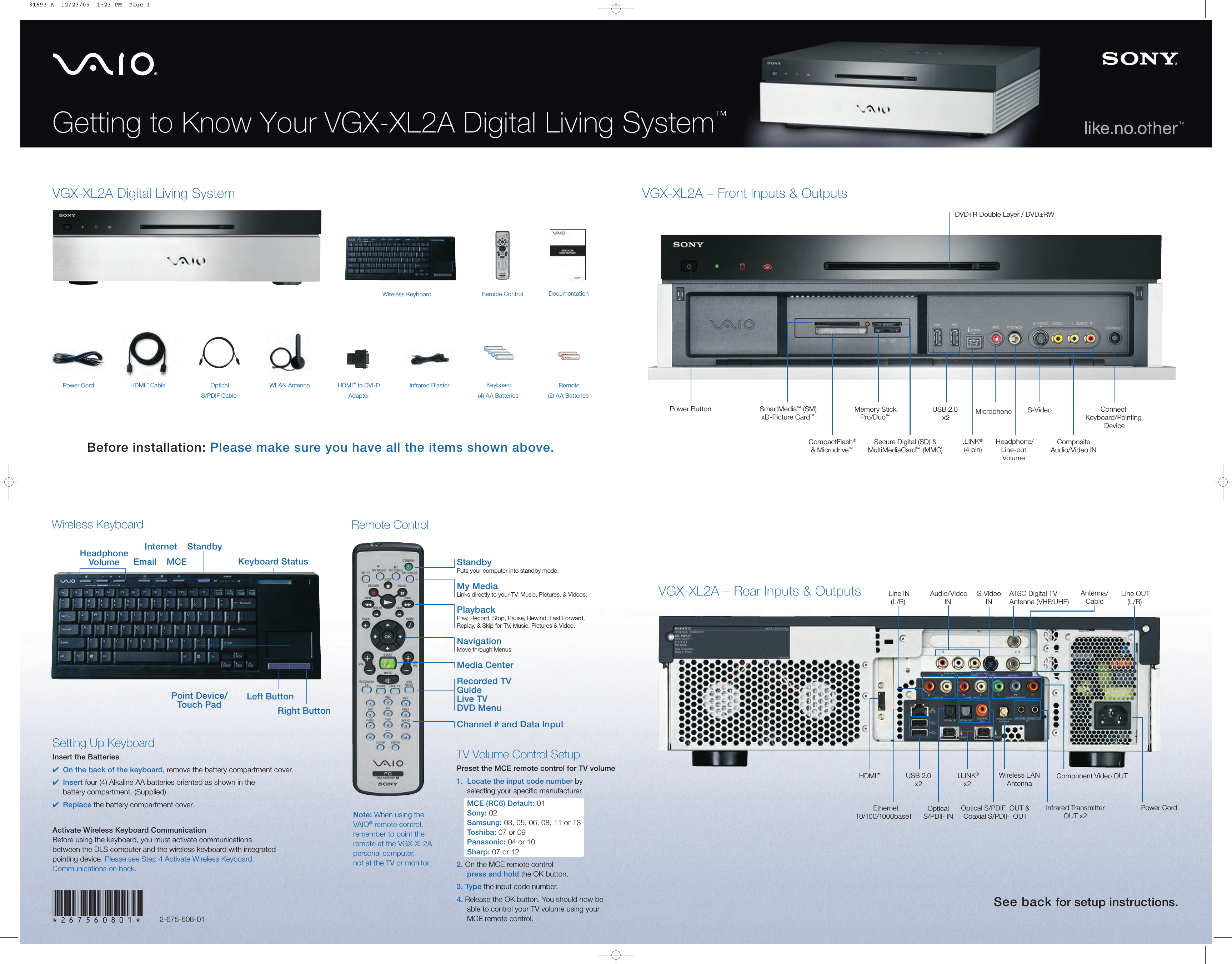 Page 1 of 2 - Sony VGX-XL2  User Manual Welcome Mat VGXXL2A WMat