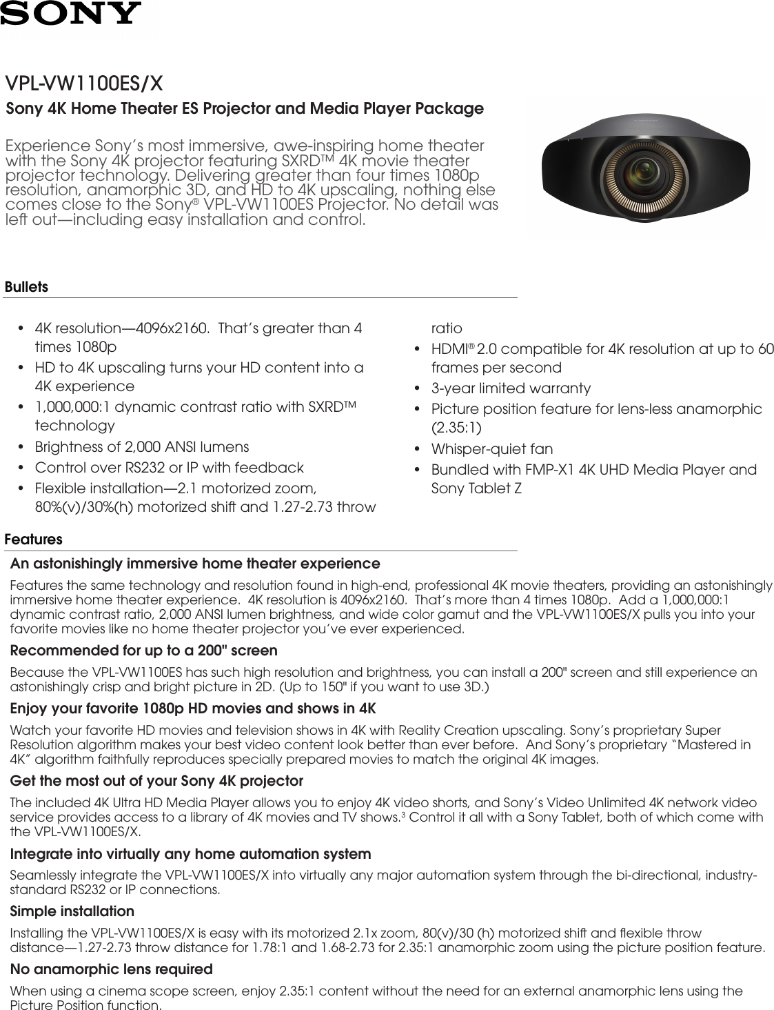Page 1 of 4 - Sony VPL-VW1100ESX User Manual  To The B9c94869-752d-4d0f-86e1-bf3f93810037