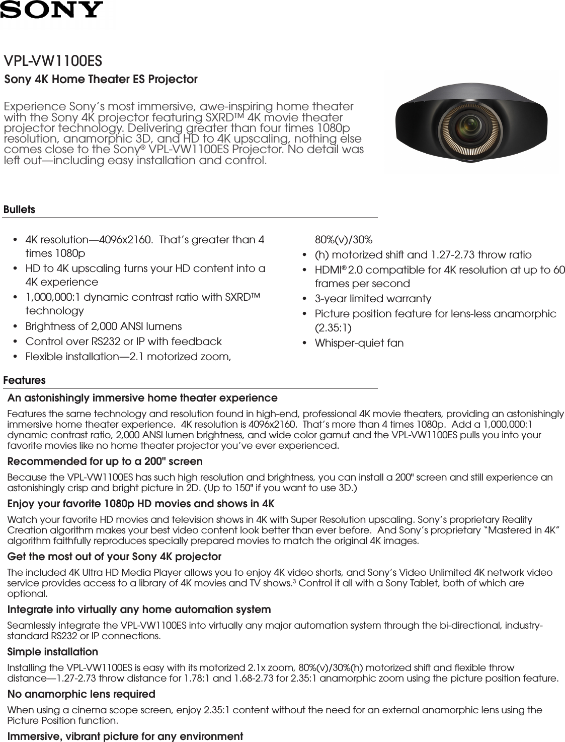 Page 1 of 4 - Sony VPL-VW1100ES User Manual Marketing Specifications VPLVW1100ES Mksp