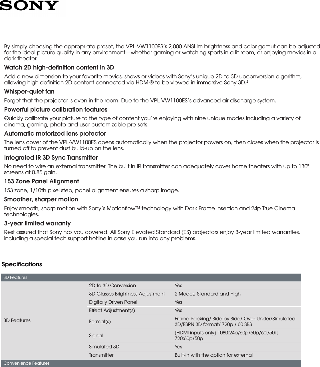 Page 2 of 4 - Sony VPL-VW1100ES User Manual Marketing Specifications VPLVW1100ES Mksp