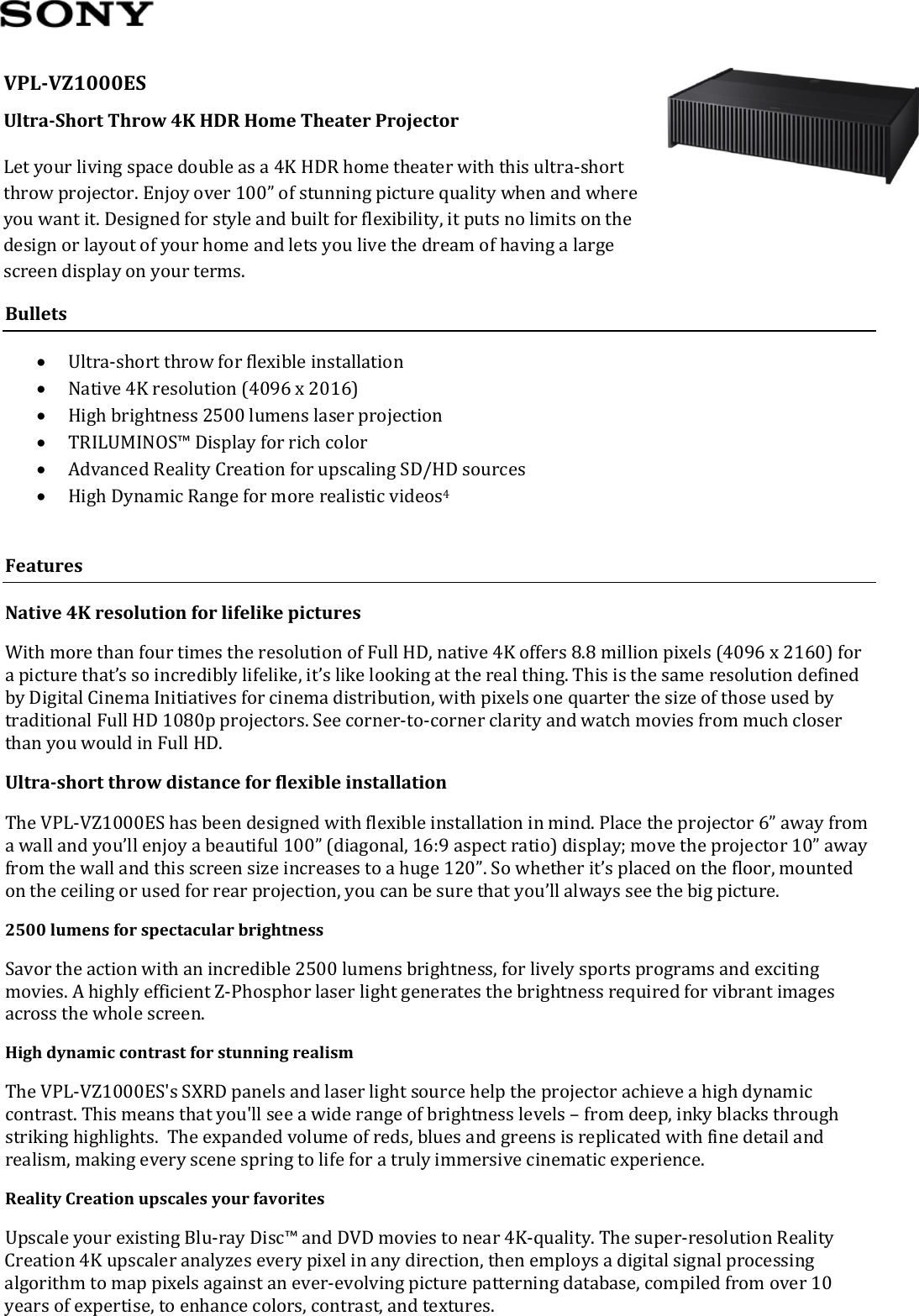 Page 1 of 3 - Sony VPL-VZ1000 User Manual Marketing Specifications VPLVZ1000ES Mksp