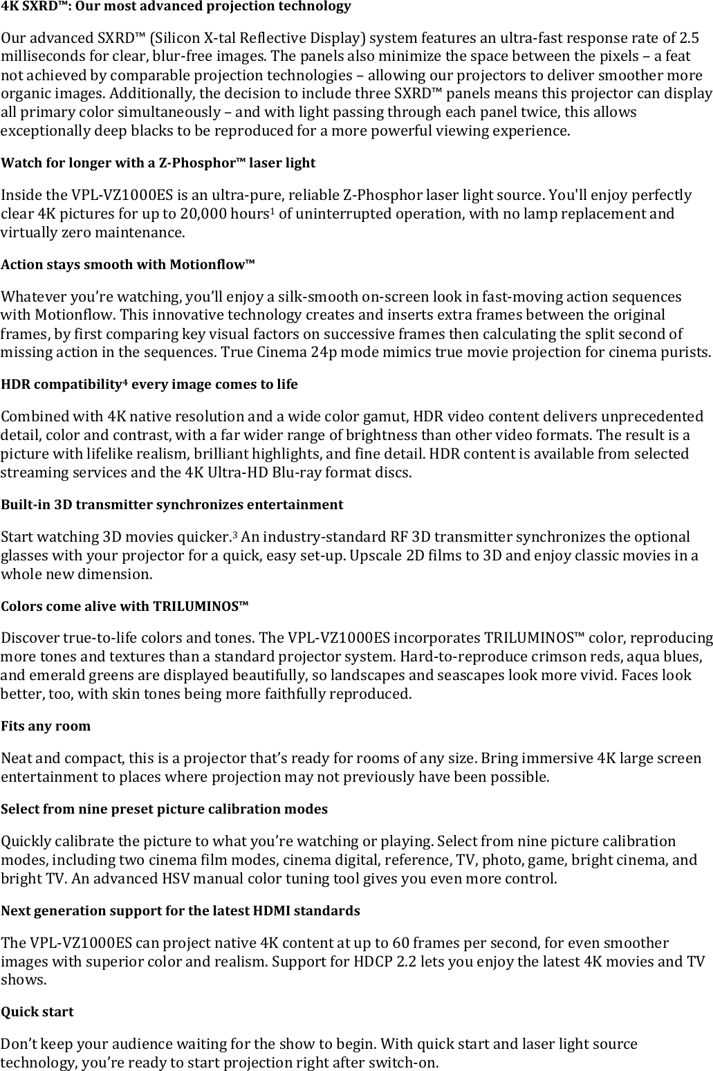 Page 2 of 3 - Sony VPL-VZ1000 User Manual Marketing Specifications VPLVZ1000ES Mksp