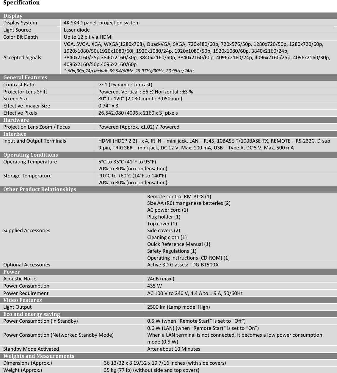Page 3 of 3 - Sony VPL-VZ1000 User Manual Marketing Specifications VPLVZ1000ES Mksp