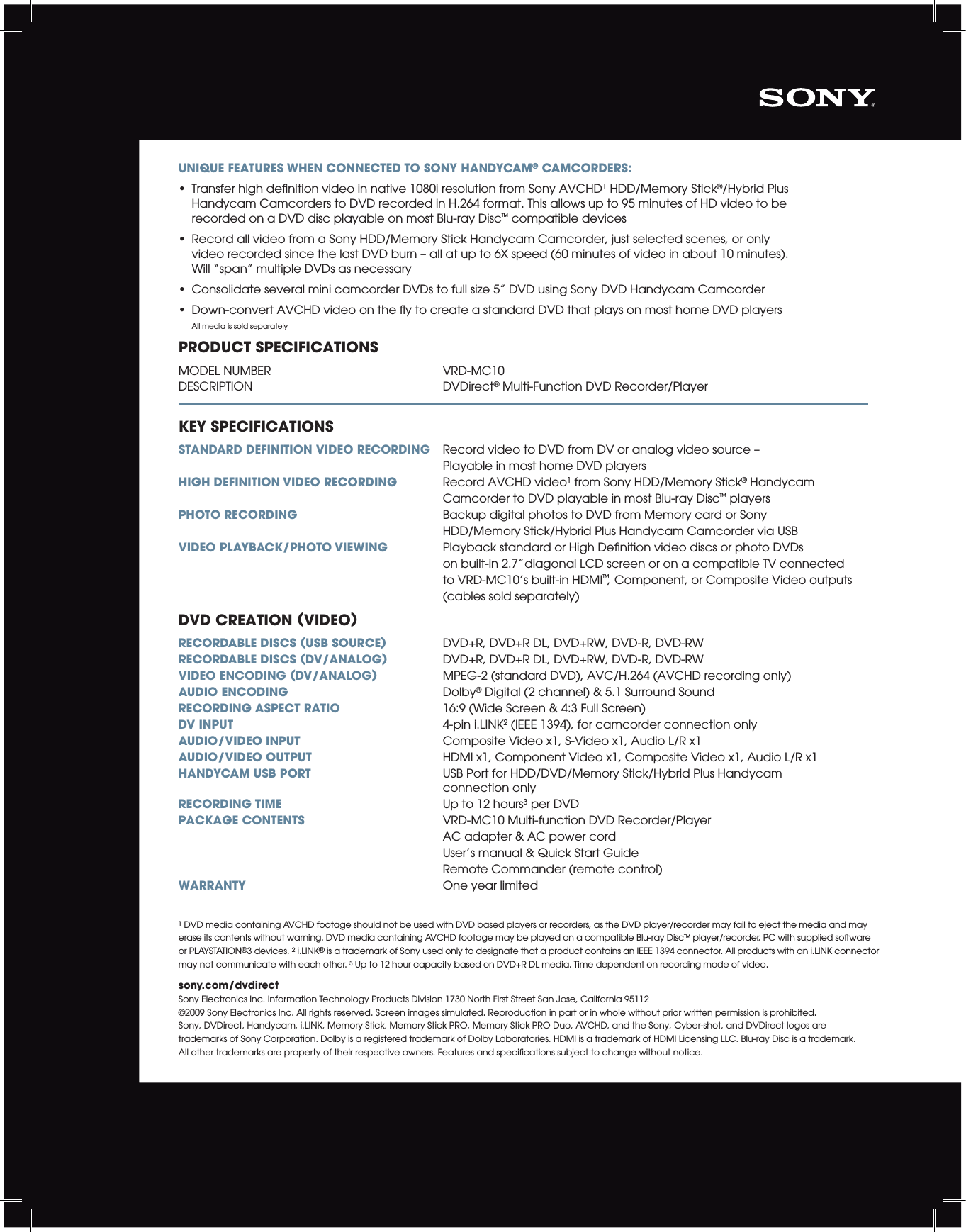 Page 2 of 2 - Sony VRD-MC10 User Manual Marketing Specifications VRDMC10 Mksp