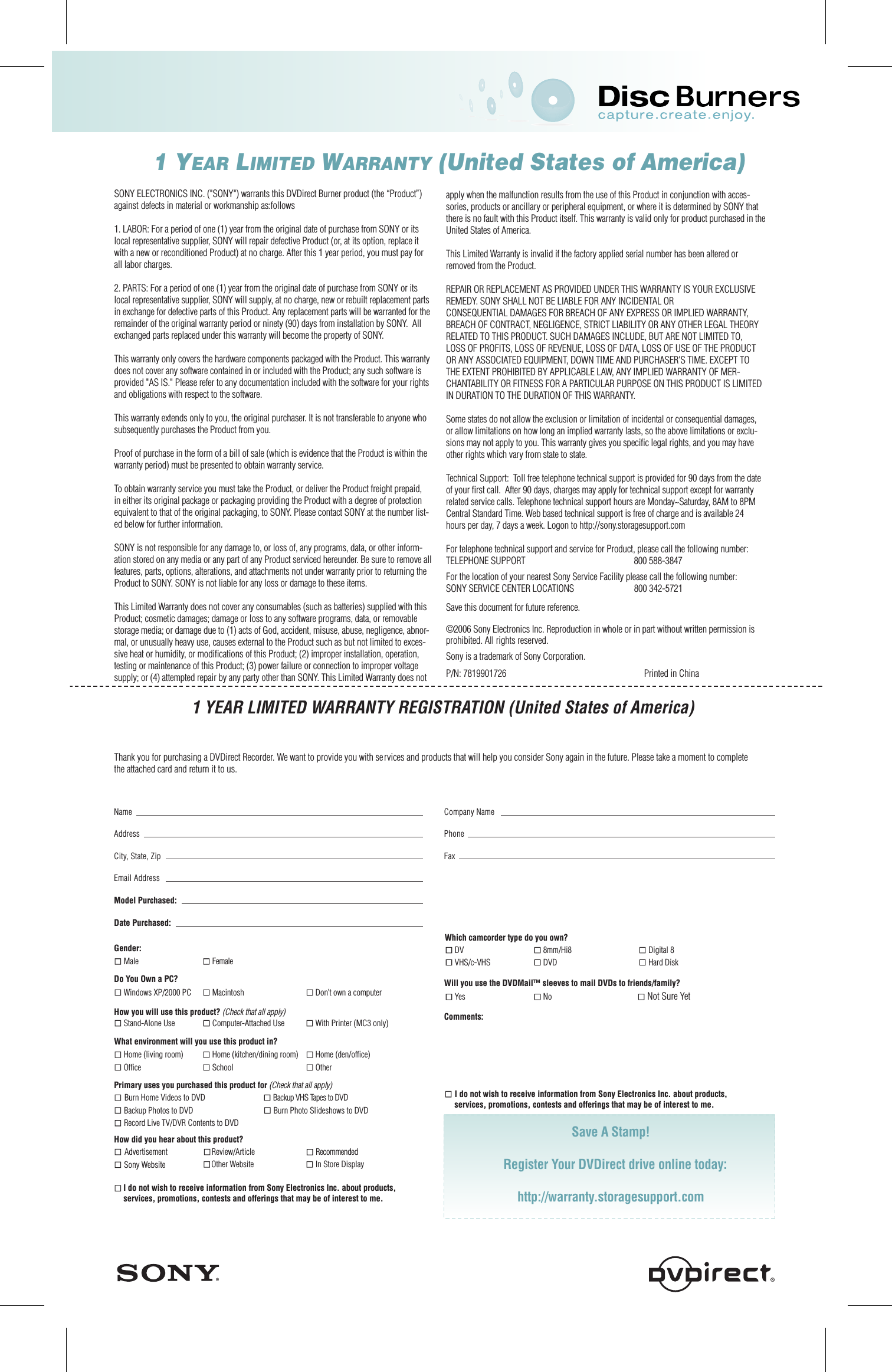 Page 2 of 2 - Sony VRD-VC30 US_WAR2_DVDirect_back User Manual Limited Warranty US WAR2 DVDirect