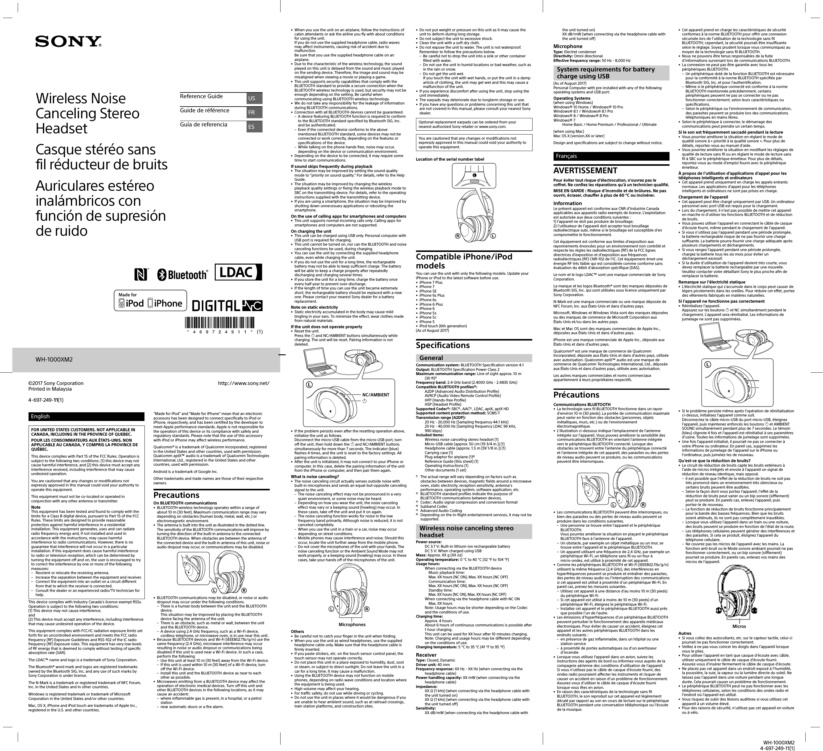 WH-1000XM24-697-249-11(1)EnglishFOR UNITED STATES CUSTOMERS. NOT APPLICABLE IN CANADA, INCLUDING IN THE PROVINCE OF QUEBEC.POUR LES CONSOMMATEURS AUX ÉTATS-UNIS. NON APPLICABLE AU CANADA, Y COMPRIS LA PROVINCE DE QUÉBEC.This device complies with Part 15 of the FCC Rules. Operation is subject to the following two conditions: (1) this device may not cause harmful interference, and (2) this device must accept any interference received, including interference that may cause undesired operation.You are cautioned that any changes or modifications not expressly approved in this manual could void your authority to operate this equipment.This equipment must not be co-located or operated in conjunction with any other antenna or transmitter.NoteThis equipment has been tested and found to comply with the limits for a Class B digital device, pursuant to Part 15 of the FCC Rules. These limits are designed to provide reasonable protection against harmful interference in a residential installation. This equipment generates, uses and can radiate radio frequency energy and, if not installed and used in accordance with the instructions, may cause harmful interference to radio communications. However, there is no guarantee that interference will not occur in a particular installation. If this equipment does cause harmful interference to radio or television reception, which can be determined by turning the equipment off and on, the user is encouraged to try to correct the interference by one or more of the following measures: – Reorient or relocate the receiving antenna. – Increase the separation between the equipment and receiver. – Connect the equipment into an outlet on a circuit different from that to which the receiver is connected. – Consult the dealer or an experienced radio/TV technician for help.This device complies with Industry Canada’s licence-exempt RSSs. Operation is subject to the following two conditions: (1) This device may not cause interference; and (2) This device must accept any interference, including interference that may cause undesired operation of the device.This equipment complies with FCC/IC radiation exposure limits set forth for an uncontrolled environment and meets the FCC radio frequency (RF) Exposure Guidelines and RSS-102 of the IC radio frequency (RF) Exposure rules. This equipment has very low levels of RF energy that is deemed to comply without testing of specific absorption rate (SAR).The LDAC™ name and logo is a trademark of Sony Corporation.The Bluetooth® word mark and logos are registered trademarks owned by the Bluetooth SIG, Inc. and any use of such marks by Sony Corporation is under license.The N-Mark is a trademark or registered trademark of NFC Forum, Inc. in the United States and in other countries.Windows is registered trademark or trademark of Microsoft Corporation in the United States and/or other countries.Mac, OS X, iPhone and iPod touch are trademarks of Apple Inc., registered in the U.S. and other countries.“Made for iPod” and “Made for iPhone” mean that an electronic accessory has been designed to connect specifically to iPod or iPhone, respectively, and has been certified by the developer to meet Apple performance standards. Apple is not responsible for the operation of this device or its compliance with safety and regulatory standards. Please note that the use of this accessory with iPod or iPhone may affect wireless performance.Qualcomm® is a trademark of Qualcomm Incorporated, registered in the United States and other countries, used with permission. Qualcomm aptX™ audio is a trademark of Qualcomm Technologies International, Ltd., registered in the United States and other countries, used with permission.Android is a trademark of Google Inc.Other trademarks and trade names are those of their respective owners.PrecautionsOn BLUETOOTH communications•  BLUETOOTH wireless technology operates within a range of about 10 m (30feet). Maximum communication range may vary depending on obstacles (human body, metal, wall, etc.) or electromagnetic environment.•  The antenna is built into the unit as illustrated in the dotted line. The sensitivity of the BLUETOOTH communications will improve by turning the direction of the built-in antenna to the connected BLUETOOTH device. When obstacles are between the antenna of the connected device and the built-in antenna of this unit, noise or audio dropout may occur, or communications may be disabled.•  BLUETOOTH communications may be disabled, or noise or audio dropout may occur under the following conditions. – There is a human body between the unit and the BLUETOOTH device.This situation may be improved by placing the BLUETOOTH device facing the antenna of the unit. – There is an obstacle, such as metal or wall, between the unit and the BLUETOOTH device. – A device using 2.4GHz frequency, such as a Wi-Fi device, cordless telephone, or microwave oven, is in use near this unit.•  Because BLUETOOTH devices and Wi-Fi (IEEE802.11b/g/n) use the same frequency (2.4 GHz), microwave interference may occur resulting in noise or audio dropout or communications being disabled if this unit is used near a Wi-Fi device. In such a case, perform the following. – Use this unit at least 10m (30feet) away from the Wi-Fi device. – If this unit is used within 10m (30feet) of a Wi-Fi device, turn off the Wi-Fi device. – Install this unit and the BLUETOOTH device as near to each other as possible.•  Microwaves emitting from a BLUETOOTH device may affect the operation of electronic medical devices. Turn off this unit and other BLUETOOTH devices in the following locations, as it may cause an accident: – where inflammable gas is present, in a hospital, or a petrol station – near automatic doors or a fire alarm.•  When you use the unit on an airplane, follow the instructions of cabin attendants or ask the airline you fly with about conditions for using the unit. If you do not use the supplied headphone cable, radio waves may affect instruments, causing risk of accident due to malfunction. Be sure that you use the supplied headphone cable on an airplane.•  Due to the characteristic of the wireless technology, the sound played on this unit is delayed from the sound and music played on the sending device. Therefore, the image and sound may be misaligned when viewing a movie or playing a game.•  This unit supports security capabilities that comply with the BLUETOOTH standard to provide a secure connection when the BLUETOOTH wireless technology is used, but security may not be enough depending on the setting. Be careful when communicating using BLUETOOTH wireless technology.•  We do not take any responsibility for the leakage of information during BLUETOOTH communications.•  Connection with all BLUETOOTH devices cannot be guaranteed. – A device featuring BLUETOOTH function is required to conform to the BLUETOOTH standard specified by Bluetooth SIG, Inc. and be authenticated. – Even if the connected device conforms to the above mentioned BLUETOOTH standard, some devices may not be connected or work correctly, depending on the features or specifications of the device. – While talking on the phone hands free, noise may occur, depending on the device or communication environment.•  Depending on the device to be connected, it may require some time to start communications.If sound skips frequently during playback•  The situation may be improved by setting the sound quality mode to “priority on sound quality.” For details, refer to the Help Guide.•  The situation may be improved by changing the wireless playback quality settings or fixing the wireless playback mode to SBC on the transmitting device. For details, refer to the operating instructions supplied with the transmitting device.•  If you are using a smartphone, the situation may be improved by shutting down unnecessary applications or rebooting the smartphone.On the use of calling apps for smartphones and computers•  This unit supports normal incoming calls only. Calling apps for smartphones and computers are not supported.On charging the unit•  This unit can be charged using USB only. Personal computer with USB port is required for charging.•  This unit cannot be turned on, nor can the BLUETOOTH and noise canceling functions be used, during charging.•  You can use the unit by connecting the supplied headphone cable, even while charging the unit.•  If you do not use the unit for a long time, the rechargeable battery may not be able to keep sufficient charge. The battery will be able to keep a charge properly after repeatedly discharging and charging several times.•  If you store the unit for a long time, charge the battery once every half year to prevent over-discharge.•  If the length of time you can use the unit became extremely short, the rechargeable battery should be replaced with a new one. Please contact your nearest Sony dealer for a battery replacement.Note on static electricity•  Static electricity accumulated in the body may cause mild tingling in your ears. To minimize the effect, wear clothes made from natural materials.If the unit does not operate properly•  Reset the unit.Press the  and NC/AMBIENT buttons simultaneously while charging. The unit will be reset. Pairing information is not deleted.NC/AMBIENT •  If the problem persists even after the resetting operation above, initialize the unit as follows.Disconnect the micro-USB cable from the micro-USB port, turn off the unit, then hold down the  and NC/AMBIENT buttons simultaneously for more than 7 seconds. The indicator (blue) flashes 4times, and the unit is reset to the factory settings. All pairing information is deleted.•  After the unit is initialized, it may not connect to your iPhone or computer. In this case, delete the pairing information of the unit from the iPhone or computer, and then pair them again.What is noise canceling?•  The noise canceling circuit actually senses outside noise with built-in microphones and sends an equal-but-opposite canceling signal to the unit. – The noise canceling effect may not be pronounced in a very quiet environment, or some noise may be heard. – Depending on how you wear the unit, the noise canceling effect may vary or a beeping sound (howling) may occur. In these cases, take off the unit and put it on again. – The noise canceling function works for noise in the low frequency band primarily. Although noise is reduced, it is not canceled completely. – When you use the unit in a train or a car, noise may occur depending on street conditions. – Mobile phones may cause interference and noise. Should this occur, locate the unit further away from the mobile phone. – Do not cover the microphones of the unit with your hands. The noise canceling function or the Ambient Sound Mode may not work properly, or a beeping sound (howling) may occur. In these cases, take your hands off of the microphones of the unit.MicrophonesOthers•  Be careful not to catch your finger in the unit when folding.•  When you use the unit as wired headphones, use the supplied headphone cable only. Make sure that the headphone cable is firmly inserted.•  If you paste stickers, etc. on the touch sensor control panel, the touch sensor may not operate correctly.•  Do not place this unit in a place exposed to humidity, dust, soot or steam, or subject to direct sunlight. Do not leave the unit in a car for a long time. It may cause a malfunction.•  Using the BLUETOOTH device may not function on mobile phones, depending on radio wave conditions and location where the equipment is being used.•  High volume may affect your hearing. •  For traffic safety, do not use while driving or cycling.•  Do not use the unit in places where it would be dangerous if you are unable to hear ambient sound, such as at railroad crossings, train station platforms, and construction sites.•  Do not put weight or pressure on this unit as it may cause the unit to deform during long storage.•  Do not subject the unit to excessive shock.•  Clean the unit with a soft dry cloth.•  Do not expose the unit to water. The unit is not waterproof.Remember to follow the precautions below. – Be careful not to drop the unit into a sink or other container filled with water. – Do not use the unit in humid locations or bad weather, such as in the rain or snow. – Do not get the unit wet.If you touch the unit with wet hands, or put the unit in a damp article of clothing, the unit may get wet and this may cause a malfunction of the unit.•  If you experience discomfort after using the unit, stop using the unit immediately.•  The earpads may deteriorate due to longterm storage or use.•  If you have any questions or problems concerning this unit that are not covered in this manual, please consult your nearest Sony dealer.Optional replacement earpads can be ordered from your nearest authorized Sony retailer or www.sony.com.You are cautioned that any changes or modifications not expressly approved in this manual could void your authority to operate this equipment.Location of the serial number labelCompatible iPhone/iPod modelsYou can use the unit with only the following models. Update your iPhone or iPod to the latest software before use.•  iPhone 7 Plus• iPhone 7• iPhone SE•  iPhone 6s Plus• iPhone 6s•  iPhone 6 Plus• iPhone 6• iPhone 5s• iPhone 5c• iPhone 5•  iPod touch (6th generation)(As of August 2017)SpecificationsGeneralCommunication system: BLUETOOTH Specification version 4.1Output: BLUETOOTH Specification Power Class 2Maximum communication range: Line of sight approx. 10 m (30ft)1)Frequency band: 2.4 GHz band (2.4000 GHz - 2.4835 GHz)Compatible BLUETOOTH profiles2): A2DP (Advanced Audio Distribution Profile)AVRCP (Audio Video Remote Control Profile)HFP (Hands-free Profile)HSP (Headset Profile)Supported Codec3): SBC4) , AAC5) , LDAC, aptX, aptX HDSupported content protection method: SCMS-TTransmission range (A2DP): 20Hz - 20,000Hz (Sampling frequency 44.1kHz)20Hz - 40,000Hz (Sampling frequency LDAC 96kHz, 990kbps)Included items: Wireless noise canceling stereo headset (1)Micro-USB cable (approx. 50 cm (19 3/4 in.)) (1)Headphone cable (approx. 1.5 m (59 1/8 in.)) (1)Carrying case (1)Plug adaptor for airplane (1)6)Reference Guide (this sheet) (1)Operating Instructions (1)Other documents (1 set)1)  The actual range will vary depending on factors such as obstacles between devices, magnetic fields around a microwave oven, static electricity, reception sensitivity, antenna’s performance, operating system, software application, etc.2)  BLUETOOTH standard profiles indicate the purpose of BLUETOOTH communications between devices.3)  Codec: Audio signal compression and conversion format4) Subband Codec5)  Advanced Audio Coding6)  Depending on the in-flight entertainment services, it may not be supported.Wireless noise canceling stereo headsetPower source: DC 3.7 V: Built-in lithium-ion rechargeable batteryDC 5 V: When charged using USBMass: Approx. XX g (XX oz)Operating temperature: 0 °C to 40 °C (32 °F to 104 °F)Usage hours: When connecting via the BLUETOOTH device  Music playback time:   Max. XX hours (NC ON), Max. XX hours (NC OFF) Communication time:  Max. XX hours (NC ON), Max. XX hours (NC OFF) Standby time:  Max. XX hours (NC ON), Max. XX hours (NC OFF)When connecting via the headphone cable with NC ON  Max. XX hoursNote: Usage hours may be shorter depending on the Codec and the conditions of use.Charging time: Approx. 4 hoursAbout 6 hours of continuous communications is possible after 1 hour charging.This unit can be used for XX hour after 10 minutes charging.Note: Charging and usage hours may be different depending on the conditions of use.Charging temperature: 5 °C to 35 °C (41 °F to 95 °F)ReceiverType: Closed, DynamicDriver unit: 40 mmFrequency response: XX Hz - XX Hz (when connecting via the headphone cable)Power handling capacity: XX mW (when connecting via the headphone cable)Impedance:XX Ω (1 kHz) (when connecting via the headphone cable with the unit turned on)XX Ω (1 kHz) (when connecting via the headphone cable with the unit turned off)Sensitivity:XX dB/mW (when connecting via the headphone cable with the unit turned on)XX dB/mW (when connecting via the headphone cable with the unit turned off)MicrophoneType: Electret condenserDirectivity: Omni directionalEffective frequency range: 50Hz - 8,000HzSystem requirements for battery charge using USB(As of August 2017)Personal Computer with pre-installed with any of the following operating systems and USB port: Operating Systems(when using Windows)Windows® 10 Home/ Windows® 10 ProWindows® 8.1/ Windows® 8.1 ProWindows® 8/ Windows® 8 ProWindows® 7Home Basic / Home Premium / Professional / Ultimate(when using Mac)Mac OS X (version.XX or later)Design and specifications are subject to change without notice.FrançaisAVERTISSEMENTPour éviter tout risque d’électrocution, n’ouvrez pas le coffret. Ne confiez les réparations qu’à un technicien qualifié.MISE EN GARDE : Risque d’incendie et de brûlures. Ne pas ouvrir, écraser, chauffer à plus de 60 °C ou incinérer.InformationLe présent appareil est conforme aux CNR d’Industrie Canada applicables aux appareils radio exempts de licence. L’exploitation est autorisée aux deux conditions suivantes:1) l’appareil ne doit pas produire de brouillage;2) l’utilisateur de l’appareil doit accepter tout brouillage radioélectrique subi, même si le brouillage est susceptible d’en compromettre le fonctionnement.Cet équipement est conforme aux limites d’exposition aux rayonnements énoncées pour un environnement non contrôlé et respecte les règles les radioélectriques (RF) de la FCC lignes directrices d’exposition et d’exposition aux fréquences radioélectriques (RF) CNR-102 de l’IC. Cet équipement émet une énergie RF très faible qui est considérée comme conforme sans évaluation du débit d’absorption spécifique (DAS).Le nom et le logo LDAC™ sont une marque commerciale de Sony Corporation.La marque et les logos Bluetooth® sont des marques déposées de Bluetooth SIG, Inc. qui sont utilisées sous licence uniquement par Sony Corporation.N-Mark est une marque commerciale ou une marque déposée de NFC Forum, Inc. aux États-Unis et dans d’autres pays.Microsoft, Windows et Windows Vista sont des marques déposées ou des marques de commerce de Microsoft Corporation aux États-Unis et/ou dans les autres pays.Mac et Mac OS sont des marques commerciales de Apple Inc., déposées aux États-Unis et dans d’autres pays. iPhone est une marque commerciale de Apple Inc., déposée aux États-Unis et dans d’autres pays.Qualcomm® est une marque de commerce de Qualcomm Incorporated, déposée aux États-Unis et dans d’autres pays, utilisée avec autorisation. Qualcomm aptX™ audio est une marque de commerce de Qualcomm Technologies International, Ltd., déposée aux États-Unis et dans d’autres pays, utilisée avec autorisation.Les autres marques commerciales et noms commerciaux appartiennent à leurs propriétaires respectifs.PrécautionsCommunications BLUETOOTH•  La technologie sans fil BLUETOOTH fonctionne dans un rayon d’environ 10m (30 pieds). La portée de communication maximale peut varier en fonction des obstacles (personnes, objets métalliques, murs, etc.) ou de l’environnement électromagnétique.•  L’illustration ci-dessous indique l’emplacement de l’antenne intégrée sur l’appareil. Vous pouvez améliorer la sensibilité des communications BLUETOOTH en orientant l’antenne intégrée vers le périphérique BLUETOOTH connecté. Lorsque des obstacles se trouvent entre l’antenne du périphérique connecté et l’antenne intégrée de cet appareil, des parasites ou des pertes de niveau audio peuvent se produire, ou les communications peuvent être interrompues.•  Les communications BLUETOOTH peuvent être interrompues, ou bien des parasites ou des pertes de niveau audio peuvent se produire dans les conditions suivantes. – Une personne se trouve entre l’appareil et le périphérique BLUETOOTH.Vous pourriez améliorer la situation en plaçant le périphérique BLUETOOTH face à l’antenne de l’appareil. – Un obstacle, par exemple un objet métallique ou un mur, se trouve entre l’appareil et le périphérique BLUETOOTH. – Un appareil utilisant une fréquence de 2,4GHz, par exemple un périphérique Wi-Fi, un téléphone sans fil ou un four à micro-ondes, est utilisé à proximité de cet appareil.•  Comme les périphériques BLUETOOTH et Wi-Fi (IEEE802.11b/g/n) utilisent la même fréquence (2,4GHz), des interférences en hyperfréquences peuvent se produire et entraîner des parasites, des pertes de niveau audio ou l’interruption des communications si cet appareil est utilisé à proximité d’un périphérique Wi-Fi. En pareil cas, prenez les mesures suivantes. – Utilisez cet appareil à une distance d’au moins 10m (30 pieds) du périphérique Wi-Fi. – Si cet appareil est utilisé à moins de 10m (30 pieds) d’un périphérique Wi-Fi, éteignez le périphérique Wi-Fi. – Installez cet appareil et le périphérique BLUETOOTH aussi près que possible l’un de l’autre.•  Les émissions d’hyperfréquences d’un périphérique BLUETOOTH peuvent perturber le fonctionnement des appareils médicaux électroniques. Pour éviter de causer un accident, éteignez cet appareil et les autres périphériques BLUETOOTH dans les endroits suivants: – en présence de gaz inflammable, dans un hôpital ou une station-service – à proximité de portes automatiques ou d’un avertisseur d’incendie•  Lorsque vous utilisez l’appareil dans un avion, suivez les instructions des agents de bord ou informez-vous auprès de la compagnie aérienne des conditions d’utilisation de l’appareil. Si vous n’utilisez pas le câble de casque d’écoute fourni, des ondes radio pourraient affecter les instruments et risquer de causer un accident en raison d’un problème de fonctionnement. Assurez-vous d’utiliser le câble de casque d’écoute fourni lorsque vous êtes en avion.•  En raison des caractéristiques de la technologie sans fil BLUETOOTH, le son reproduit sur cet appareil est légèrement décalé par rapport au son en cours de lecture sur le périphérique BLUETOOTH pendant une conversation téléphonique ou l’écoute de la musique.•  Cet appareil prend en charge les caractéristiques de sécurité conformes à la norme BLUETOOTH pour offrir une connexion sécurisée lors de l’utilisation de la technologie sans fil BLUETOOTH; cependant, la sécurité pourrait être insuffisante selon le réglage. Soyez prudent lorsque vous communiquez au moyen de la technologie sans fil BLUETOOTH.•  Nous ne pouvons être tenus responsables de la fuite d’informations survenant lors de communications BLUETOOTH.•  La connexion ne peut pas être garantie avec tous les périphériques BLUETOOTH. – Un périphérique doté de la fonction BLUETOOTH est nécessaire pour la conformité à la norme BLUETOOTH spécifiée par Bluetooth SIG, Inc. et pour l’authentification. – Même si le périphérique connecté est conforme à la norme BLUETOOTH mentionnée précédemment, certains périphériques peuvent ne pas se connecter ou ne pas fonctionner correctement, selon leurs caractéristiques ou spécifications. – Selon le périphérique ou l’environnement de communication, des parasites peuvent se produire lors des communications téléphoniques en mains libres.•  Selon le périphérique à connecter, le démarrage des communications peut prendre un certain temps.Si le son est fréquemment saccadé pendant la lecture•  Vous pourriez améliorer la situation en réglant le mode de qualité sonore à «priorité à la qualité sonore». Pour plus de détails, reportez-vous au manuel d’aide.•  Vous pourriez améliorer la situation en modifiant les réglages de qualité de lecture sans fil ou en réglant le mode de lecture sans fil à SBC sur le périphérique émetteur. Pour plus de détails, reportez-vous au mode d’emploi fourni avec le périphérique émetteur.À propos de l’utilisation d’applications d’appel pour les téléphones intelligents et ordinateurs•  Cet appareil prend uniquement en charge les appels entrants normaux. Les applications d’appel pour les téléphones intelligents et ordinateurs ne sont pas prises en charge.Chargement de l’appareil•  Cet appareil peut être chargé uniquement par USB. Un ordinateur personnel avec port USB est requis pour le chargement.•  Lors du chargement, il n’est pas possible de mettre cet appareil en marche ni d’utiliser les fonctions BLUETOOTH et de réduction de bruits.•  Vous pouvez utiliser l’appareil en connectant le câble de casque d’écoute fourni, même pendant le chargement de l’appareil.•  Si vous n’utilisez pas l’appareil pendant une période prolongée, la batterie rechargeable risque de ne pas fournir une charge suffisante. La batterie pourra fournir une charge adéquate après plusieurs chargements et déchargements.•  Si vous rangez l’appareil pendant une période prolongée, chargez la batterie tous les six mois pour éviter un déchargement excessif.•  Si la durée d’utilisation de l’appareil devient très courte, vous devez remplacer la batterie rechargeable par une nouvelle. Veuillez contacter votre détaillant Sony le plus proche afin de remplacer la batterie.Remarque sur l’électricité statique•  L’électricité statique qui s’accumule dans le corps peut causer de légers picotements dans les oreilles. Pour réduire cet effet, portez des vêtements fabriqués en matières naturelles.Si l’appareil ne fonctionne pas correctement• Réinitialisez l’appareil.Appuyez sur les boutons  et NC simultanément pendant le chargement. L’appareil sera réinitialisé. Les informations de jumelage ne sont pas supprimées.•  Si le problème persiste même après l’opération de réinitialisation ci-dessus, initialisez l’appareil comme suit.Déconnectez le câble micro-USB du port micro-USB, éteignez l’appareil, puis maintenez enfoncés les boutons  et AMBIENT SOUND simultanément pendant plus de 7secondes. Le témoin (bleu) clignote 4fois et l’appareil est réinitialisé à ses paramètres d’usine. Toutes les informations de jumelage sont supprimées.•  Une fois l’appareil initialisé, il pourrait ne pas se connecter à votre iPhone ou ordinateur. En pareil cas, supprimez les informations de jumelage de l’appareil sur le iPhone ou l’ordinateur, puis jumelez-les de nouveau.Qu’est-ce que la réduction de bruits?•  Le circuit de réduction de bruits capte les bruits extérieurs à l’aide de micros intégrés et envoie à l’appareil un signal de réduction de niveau identique, mais opposé. – Il est possible que l’effet de la réduction de bruits ne soit pas très prononcé dans un environnement très silencieux ou certains bruits peuvent être audibles. – Selon la façon dont vous portez l’appareil, l’effet de la réduction de bruits peut varier ou un bip sonore (sifflement) peut se produire. En pareils cas, enlevez l’appareil, puis portez-le de nouveau. – La fonction de réduction de bruits fonctionne principalement pour la bande des basses fréquences. Bien que les bruits soient atténués, ils ne sont pas complètement inaudibles. – Lorsque vous utilisez l’appareil dans un train ou une voiture, des bruits peuvent se produire en fonction de l’état de la route. – Les téléphones cellulaires peuvent générer des interférences et des parasites. Si cela se produit, éloignez l’appareil du téléphone cellulaire. – Ne couvrez pas les micros de l’appareil avec les mains. La fonction anti-bruit ou le Mode sonore ambiant pourrait ne pas fonctionner correctement, ou un bip sonore (sifflement) pourrait se produire. En pareils cas, enlevez vos mains des micros de l’appareil.MicrosAutres•  Si vous collez des autocollants, etc. sur le capteur tactile, celui-ci pourrait ne pas fonctionner correctement.•  Veillez à ne pas vous coincer les doigts dans l’appareil lorsque vous le pliez.•  Pour utiliser l’appareil en tant que casque d’écoute avec câble, utilisez uniquement le câble de casque d’écoute fourni. Assurez-vous d’insérer fermement le câble de casque d’écoute.•  Ne placez pas cet appareil dans un endroit exposé à l’humidité, la poussière, la suie, la vapeur ou la lumière directe du soleil. Ne laissez pas l’appareil dans une voiture pendant une longue durée. Cela pourrait causer un problème de fonctionnement.•  Le périphérique BLUETOOTH peut ne pas fonctionner avec les téléphones cellulaires, selon les conditions des ondes radio et l’endroit où l’appareil est utilisé.•  Vous risquez de subir des lésions auditives si vous utilisez cet appareil à un volume élevé. •  Pour des raisons de sécurité, n’utilisez pas cet appareil en voiture ou à vélo.WH-1000XM2Wireless Noise Canceling Stereo HeadsetCasque stéréo sans fil réducteur de bruitsAuriculares estéreo inalámbricos con función de supresión de ruidoReference Guide USGuide de référence FRGuía de referencia EShttp://www.sony.net/©2017 Sony CorporationPrinted in Malaysia4-697-249-11(1)