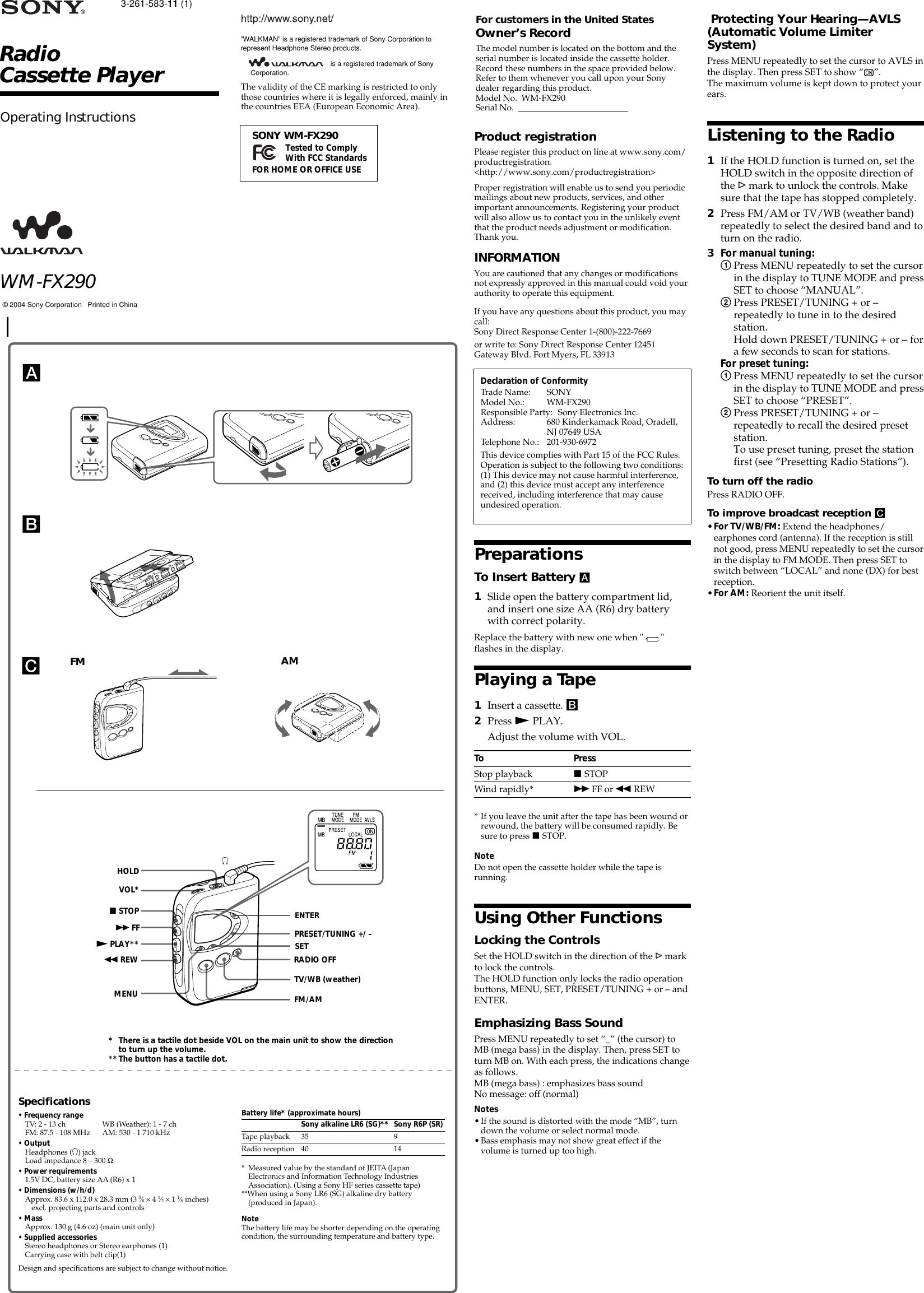 Page 1 of 2 - Sony WM-FX290 WM FX290 User Manual Operating Instructions (primary Manual) WMFX290