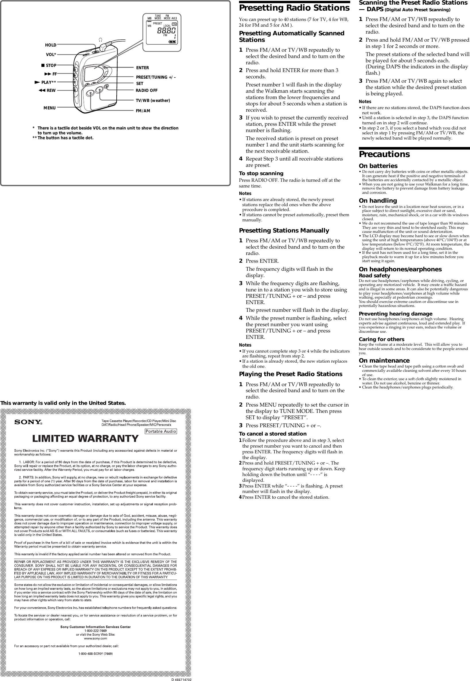 Page 2 of 2 - Sony WM-FX290 WM FX290 User Manual Operating Instructions (primary Manual) WMFX290