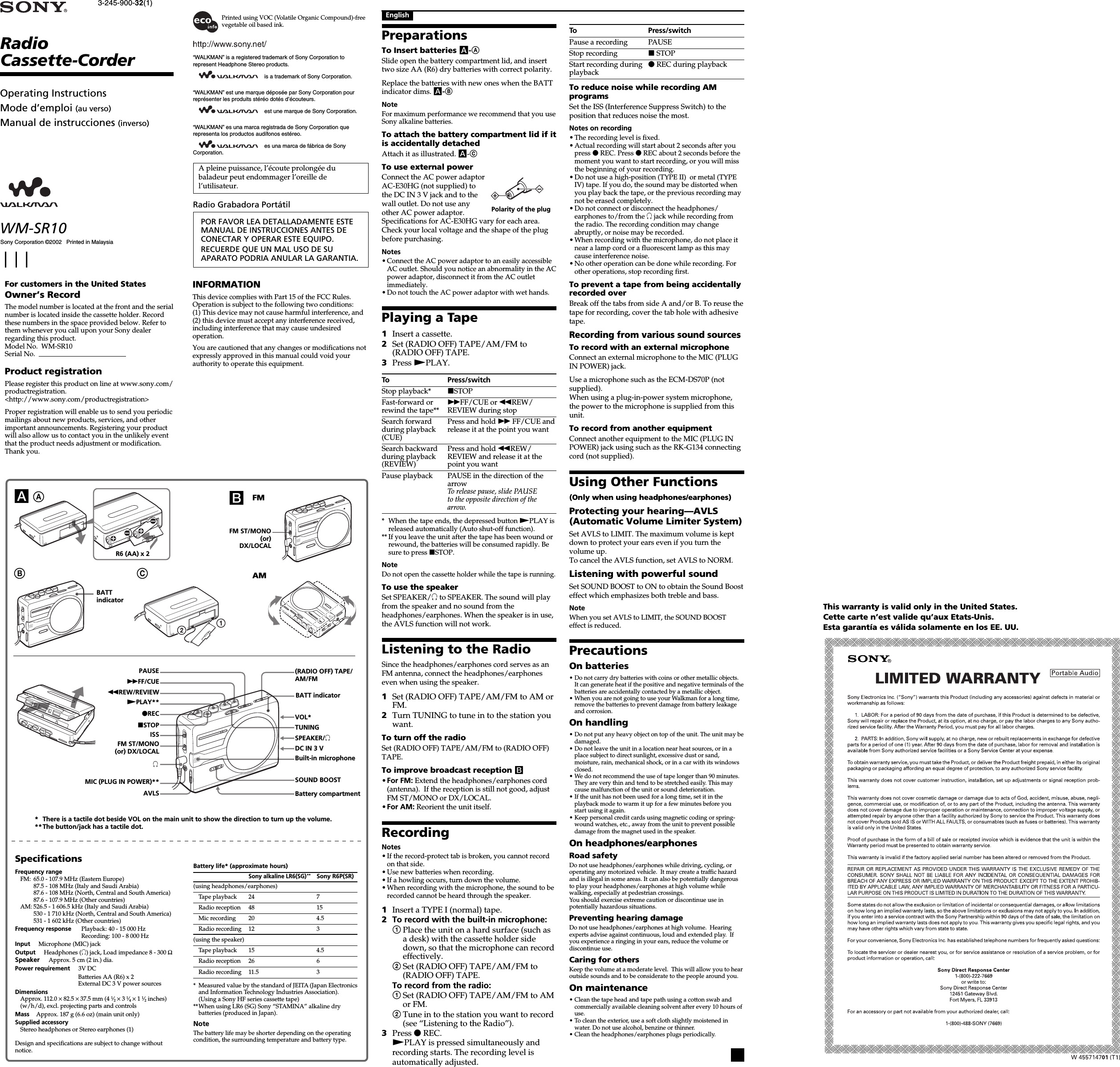 Page 1 of 2 - Sony WM-SR10 User Manual Operating Instructions (primary Manual) WMSR10