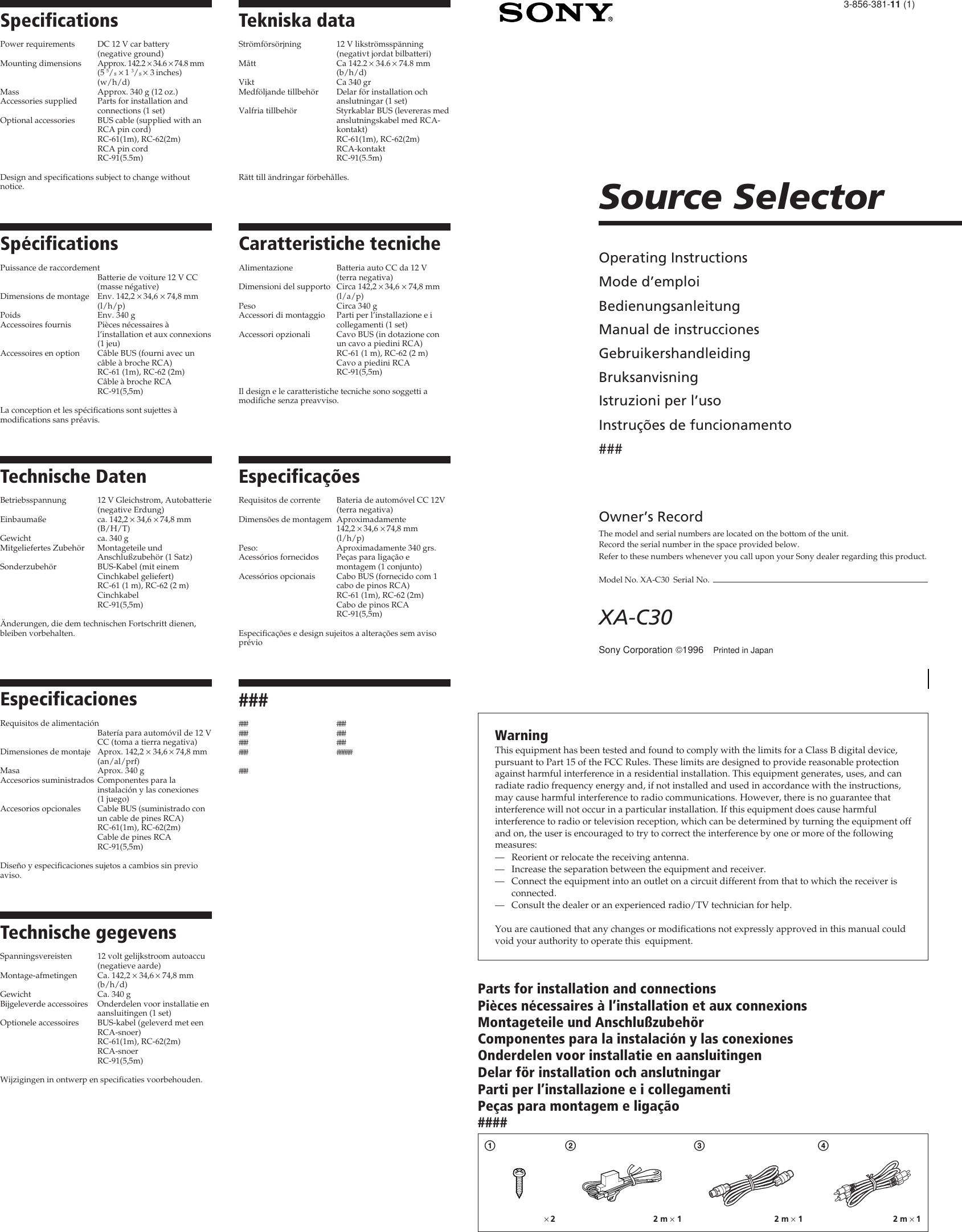 Page 1 of 4 - Sony XA-C30 User Manual Operating Instructions XAC30