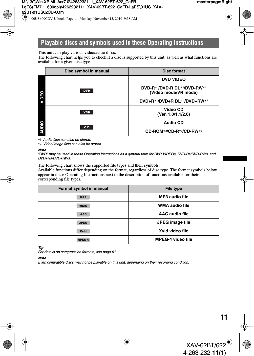 11M:\130\Win XP ML Acr7.0\4263232111_XAV-62BT-622_CaFR-LaES(FM7.1_600dpi)\4263232111_XAV-62BT-622_CaFR-LaES\01US_XAV-62BT\01US02CD-U.fmmasterpage:RightM:\130\Win XP ML Acr7.0\4263232111_XAV-62BT-622_CaFR-LaES(FM7.1_600dpi)\4263232111_XAV-62BT-622_CaFR-LaES\01US_XAV-62BT\01US02CD-U.fmmasterpage:RightXAV-62BT/6224-263-232-11(1)Playable discs and symbols used in these Operating InstructionsThis unit can play various video/audio discs.The following chart helps you to check if a disc is supported by this unit, as well as what functions are available for a given disc type.*1 Audio files can also be stored.*2 Video/image files can also be stored.Note“DVD” may be used in these Operating Instructions as a general term for DVD VIDEOs, DVD-Rs/DVD-RWs, and DVD+Rs/DVD+RWs.The following chart shows the supported file types and their symbols.Available functions differ depending on the format, regardless of disc type. The format symbols below appear in these Operating Instructions next to the description of functions available for their corresponding file types.TipFor details on compression formats, see page 61.NoteEven compatible discs may not be playable on this unit, depending on their recording condition.Disc symbol in manual Disc formatVIDEODVD VIDEODVD-R*1/DVD-R DL*1/DVD-RW*1(Video mode/VR mode)DVD+R*1/DVD+R DL*1/DVD+RW*1Video CD(Ver. 1.0/1.1/2.0)AUDIOAudio CDCD-ROM*2/CD-R*2/CD-RW*2Format symbol in manual File typeMP3 audio fileWMA audio fileAAC audio fileJPEG image fileXvid video fileMPEG-4 video fileMPEG-400US+00COV-U.book  Page 11  Monday, November 15, 2010  9:38 AM