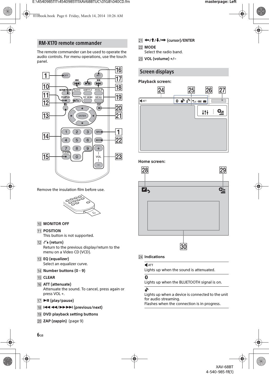 6GBE:\4540985111\4540985111XAV68BTUC\01GB\040CD.fm masterpage: LeftXAV-68BT4-540-985-11(1)The remote commander can be used to operate the audio controls. For menu operations, use the touch panel. Remove the insulation film before use.ȲMONITOR OFFȳPOSITIONThis button is not supported.ȴá (return)Return to the previous display/return to the menu on a Video CD (VCD).ȵEQ (equalizer)Select an equalizer curve.ȶNumber buttons (0 - 9)ȷCLEARȸATT (attenuate)Attenuate the sound. To cancel, press again or press VOL +.ȹā (play/pause)ȺÃù/ßÑ (previous/next)ȻDVD playback setting buttonsȼZAP (zappin)  (page 9)ȽR/a/{/C (cursor)/ENTERȾMODESelect the radio band.ȿVOL (volume) +/–Playback screen:Home screen:ɀIndicationsRM-X170 remote commanderScreen displaysLights up when the sound is attenuated.Lights up when the BLUETOOTH signal is on.Lights up when a device is connected to the unit for audio streaming.Flashes when the connection is in progress.010book.book  Page 6  Friday, March 14, 2014  10:26 AM