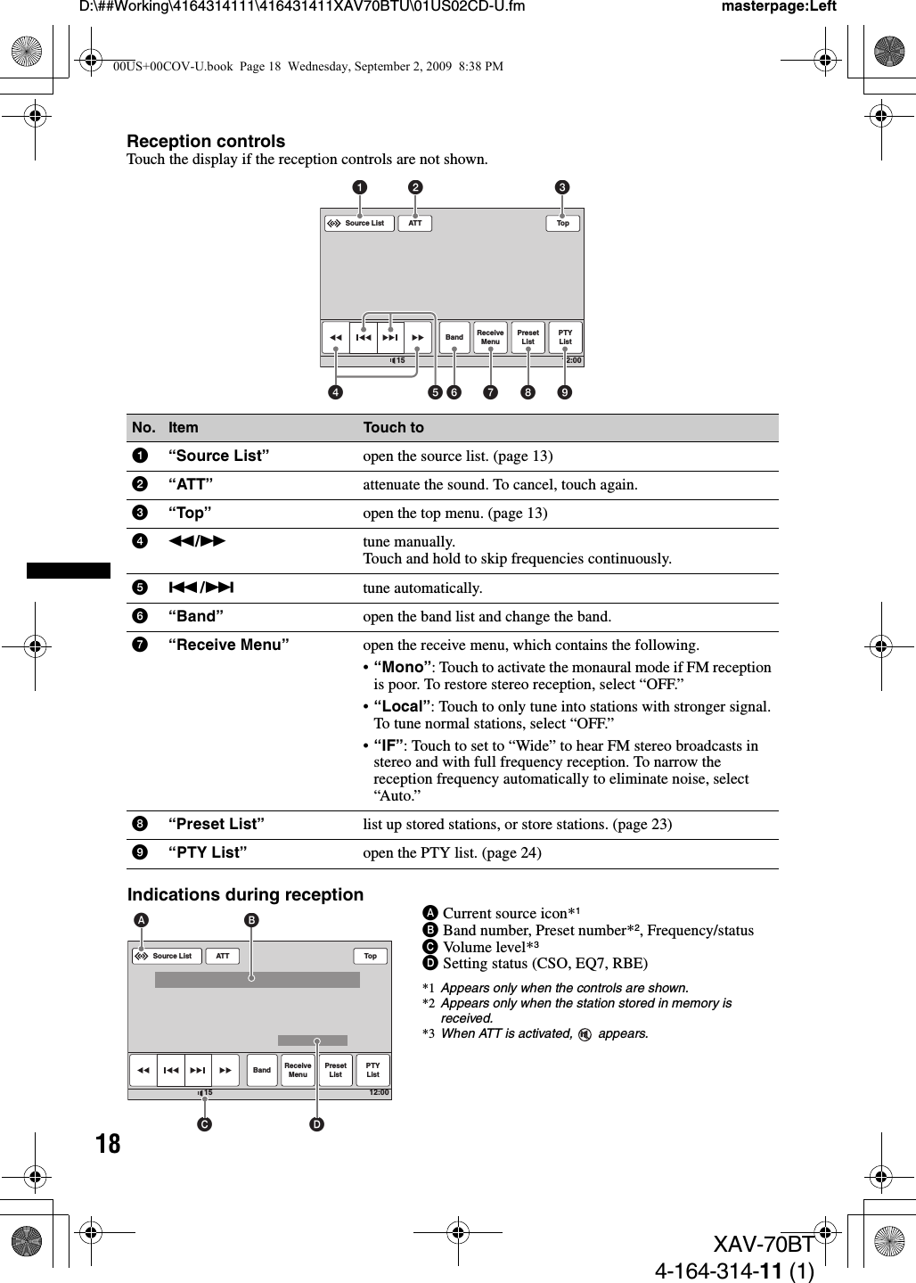 18D:\##Working\4164314111\416431411XAV70BTU\01US02CD-U.fm masterpage:LeftXAV-70BT4-164-314-11 (1)Reception controlsTouch the display if the reception controls are not shown.No. Item Touch to1“Source List” open the source list. (page 13)2“ATT” attenuate the sound. To cancel, touch again.3“Top” open the top menu. (page 13)4m/Mtune manually.Touch and hold to skip frequencies continuously.5./&gt;tune automatically.6“Band” open the band list and change the band.7“Receive Menu” open the receive menu, which contains the following.•“Mono”: Touch to activate the monaural mode if FM reception is poor. To restore stereo reception, select “OFF.”•“Local”: Touch to only tune into stations with stronger signal. To tune normal stations, select “OFF.”•“IF”: Touch to set to “Wide” to hear FM stereo broadcasts in stereo and with full frequency reception. To narrow the reception frequency automatically to eliminate noise, select “Auto.”8“Preset List” list up stored stations, or store stations. (page 23)9“PTY List” open the PTY list. (page 24)Indications during receptionACurrent source icon*1BBand number, Preset number*2, Frequency/statusCVolume level*3DSetting status (CSO, EQ7, RBE)*1 Appears only when the controls are shown.*2 Appears only when the station stored in memory is received.*3 When ATT is activated,   appears.ATTBand ReceiveMenuPresetListPTYListTop12:0015Source List14562 37 8 9ATTBand ReceiveMenuPresetListPTYListTop12:0015Source ListCBAD00US+00COV-U.book  Page 18  Wednesday, September 2, 2009  8:38 PM