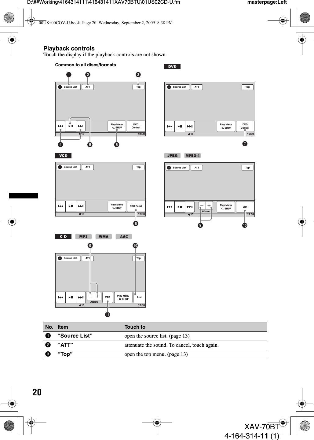 20D:\##Working\4164314111\416431411XAV70BTU\01US02CD-U.fm masterpage:LeftXAV-70BT4-164-314-11 (1)Playback controlsTouch the display if the playback controls are not shown.No. Item Touch to1“Source List” open the source list. (page 13)2“ATT” attenuate the sound. To cancel, touch again.3“Top” open the top menu. (page 13)ATTPlay Menu      SHUFDVDControlTop12:0015Source List1452 36Common to all discs/formatsATTPlay Menu      SHUFDVDControlTop12:0015Source List7ATTPlay Menu      SHUF ListAlbumTop12:0015Source List09ATTPlay Menu      SHUF PBC PanelTop12:0015Source List8MPEG-4ATTPlay Menu      SHUF ListAlbumTop12:0015Source ListZAPqa0900US+00COV-U.book  Page 20  Wednesday, September 2, 2009  8:38 PM