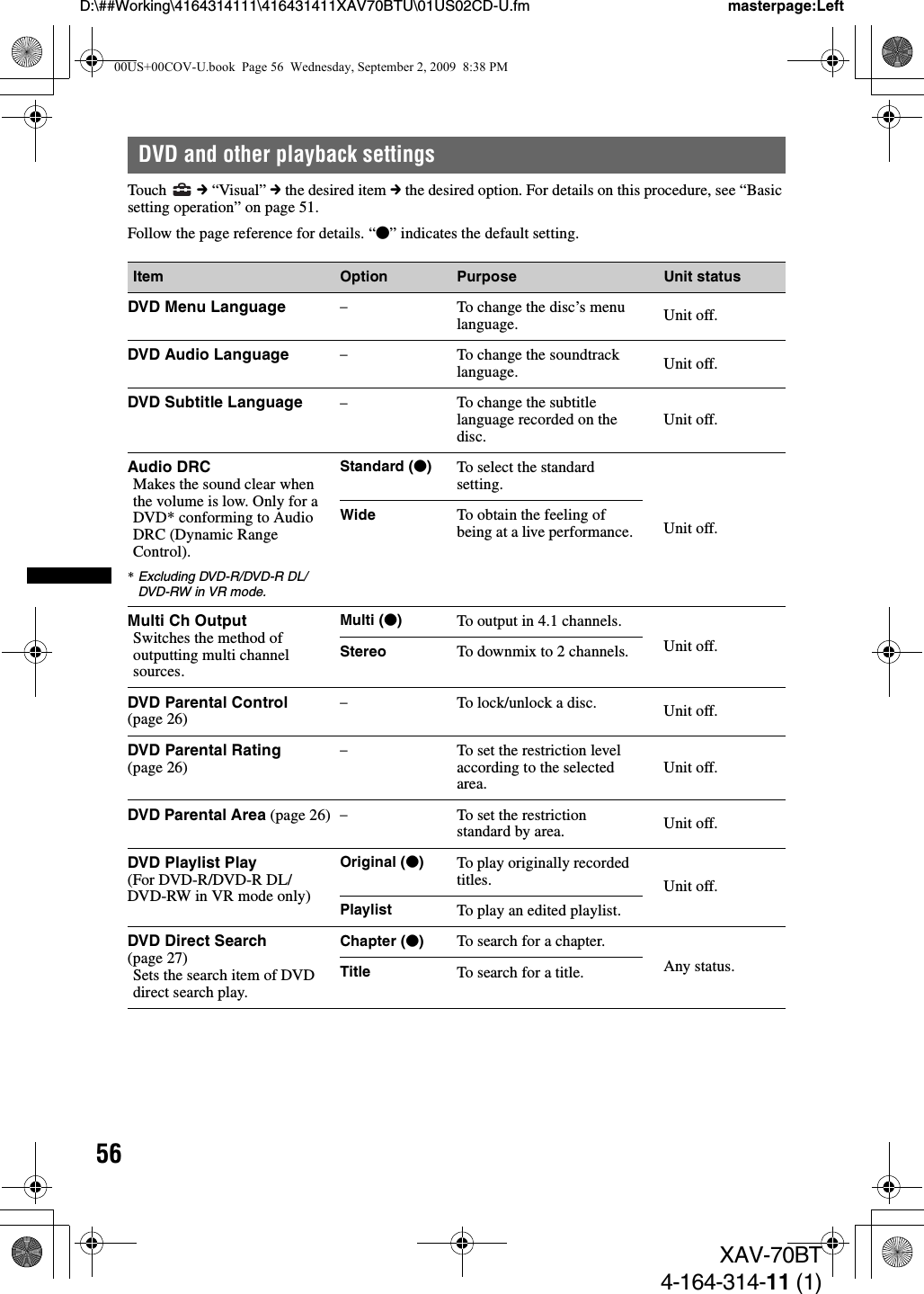 56D:\##Working\4164314111\416431411XAV70BTU\01US02CD-U.fm masterpage:LeftXAV-70BT4-164-314-11 (1)DVD and other playback settingsTouch  c “Visual” c the desired item c the desired option. For details on this procedure, see “Basic setting operation” on page 51.Follow the page reference for details. “z” indicates the default setting.Item Option Purpose Unit statusDVD Menu Language –To change the disc’s menu language. Unit off.DVD Audio Language –To change the soundtrack language. Unit off.DVD Subtitle Language –To change the subtitle language recorded on the disc.Unit off.Audio DRCMakes the sound clear when the volume is low. Only for a DVD* conforming to Audio DRC (Dynamic Range Control).*Excluding DVD-R/DVD-R DL/DVD-RW in VR mode.Standard (z)To select the standard setting.Unit off.Wide To obtain the feeling of being at a live performance.Multi Ch OutputSwitches the method of outputting multi channel sources.Multi (z)To output in 4.1 channels.Unit off.Stereo To downmix to 2 channels.DVD Parental Control (page 26)–To lock/unlock a disc. Unit off.DVD Parental Rating (page 26)–To set the restriction level according to the selected area.Unit off.DVD Parental Area (page 26) –To set the restriction standard by area. Unit off.DVD Playlist Play(For DVD-R/DVD-R DL/DVD-RW in VR mode only)Original (z)To play originally recorded titles. Unit off.Playlist To play an edited playlist.DVD Direct Search (page 27)Sets the search item of DVD direct search play.Chapter (z)To search for a chapter.Any status.Title To search for a title.00US+00COV-U.book  Page 56  Wednesday, September 2, 2009  8:38 PM