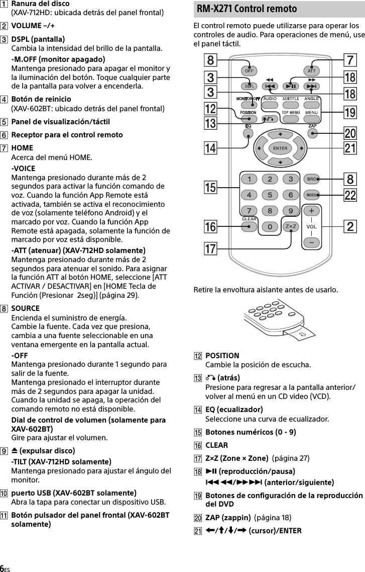 6ESRanura del disco(XAV-712HD: ubicada detrás del panel frontal)VOLUME –/+DSPL (pantalla)Cambia la intensidad del brillo de la pantalla.-M.OFF (monitor apagado)Mantenga presionado para apagar el monitor y la iluminación del botón. Toque cualquier parte de la pantalla para volver a encenderla.Botón de reinicio(XAV-602BT: ubicado detrás del panel frontal)Panel de visualización/táctilReceptor para el control remotoHOMEAcerca del menú HOME.-VOICEMantenga presionado durante más de 2 segundos para activar la función comando de voz. Cuando la función App Remote está activada, también se activa el reconocimiento de voz (solamente teléfono Android) y el marcado por voz. Cuando la función App Remote está apagada, solamente la función de marcado por voz está disponible.-ATT (atenuar) (XAV-712HD solamente)Mantenga presionado durante más de 2 segundos para atenuar el sonido. Para asignar la función ATT al botón HOME, seleccione [ATT ACTIVAR / DESACTIVAR] en [HOME Tecla de Función (Presionar  2seg)] (página 29).SOURCEEncienda el suministro de energía.Cambie la fuente. Cada vez que presiona, cambia a una fuente seleccionable en una ventana emergente en la pantalla actual.-OFFMantenga presionado durante 1 segundo para salir de la fuente.Mantenga presionado el interruptor durante más de 2 segundos para apagar la unidad. Cuando la unidad se apaga, la operación del comando remoto no está disponible.Dial de control de volumen (solamente para XAV-602BT)Gire para ajustar el volumen. (expulsar disco)-TILT (XAV-712HD solamente)Mantenga presionado para ajustar el ángulo del monitor.puerto USB (XAV-602BT solamente)Abra la tapa para conectar un dispositivo USB.Botón pulsador del panel frontal (XAV-602BT solamente)El control remoto puede utilizarse para operar los controles de audio. Para operaciones de menú, use el panel táctil. Retire la envoltura aislante antes de usarlo.POSITIONCambie la posición de escucha. (atrás)Presione para regresar a la pantalla anterior/volver al menú en un CD video (VCD).EQ (ecualizador)Seleccione una curva de ecualizador.Botones numéricos (0 - 9)CLEARZ×Z (Zone × Zone)  (página 27) (reproducción/pausa)/ (anterior/siguiente)Botones de configuración de la reproducción del DVDZAP (zappin)  (página 18)/// (cursor)/ENTERRM-X271 Control remoto