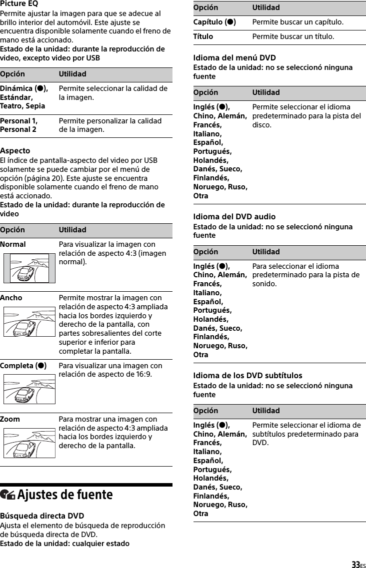33ESPicture EQPermite ajustar la imagen para que se adecue al brillo interior del automóvil. Este ajuste se encuentra disponible solamente cuando el freno de mano está accionado.Estado de la unidad: durante la reproducción de video, excepto video por USBAspectoEl índice de pantalla-aspecto del video por USB solamente se puede cambiar por el menú de opción (página 20). Este ajuste se encuentra disponible solamente cuando el freno de mano está accionado.Estado de la unidad: durante la reproducción de videoAjustes de fuenteBúsqueda directa DVDAjusta el elemento de búsqueda de reproducción de búsqueda directa de DVD.Estado de la unidad: cualquier estadoIdioma del menú DVDEstado de la unidad: no se seleccionó ninguna fuenteIdioma del DVD audioEstado de la unidad: no se seleccionó ninguna fuenteIdioma de los DVD subtítulosEstado de la unidad: no se seleccionó ninguna fuenteOpción UtilidadDinámica (),Estándar, Teatro, SepiaPermite seleccionar la calidad de la imagen.Personal 1, Personal 2Permite personalizar la calidad de la imagen.Opción UtilidadNormal Para visualizar la imagen con relación de aspecto 4:3 (imagen normal).Ancho Permite mostrar la imagen con relación de aspecto 4:3 ampliada hacia los bordes izquierdo y derecho de la pantalla, con partes sobresalientes del corte superior e inferior para completar la pantalla.Completa ()Para visualizar una imagen con relación de aspecto de 16:9.Zoom Para mostrar una imagen con relación de aspecto 4:3 ampliada hacia los bordes izquierdo y derecho de la pantalla.Opción UtilidadCapítulo ()Permite buscar un capítulo.Título Permite buscar un título.Opción UtilidadInglés (), Chino, Alemán, Francés, Italiano, Español, Portugués, Holandés, Danés, Sueco, Finlandés, Noruego, Ruso, OtraPermite seleccionar el idioma predeterminado para la pista del disco.Opción UtilidadInglés (), Chino, Alemán, Francés, Italiano, Español, Portugués, Holandés, Danés, Sueco, Finlandés, Noruego, Ruso, OtraPara seleccionar el idioma predeterminado para la pista de sonido.Opción UtilidadInglés (), Chino, Alemán, Francés, Italiano, Español, Portugués, Holandés, Danés, Sueco, Finlandés, Noruego, Ruso, OtraPermite seleccionar el idioma de subtítulos predeterminado para DVD.