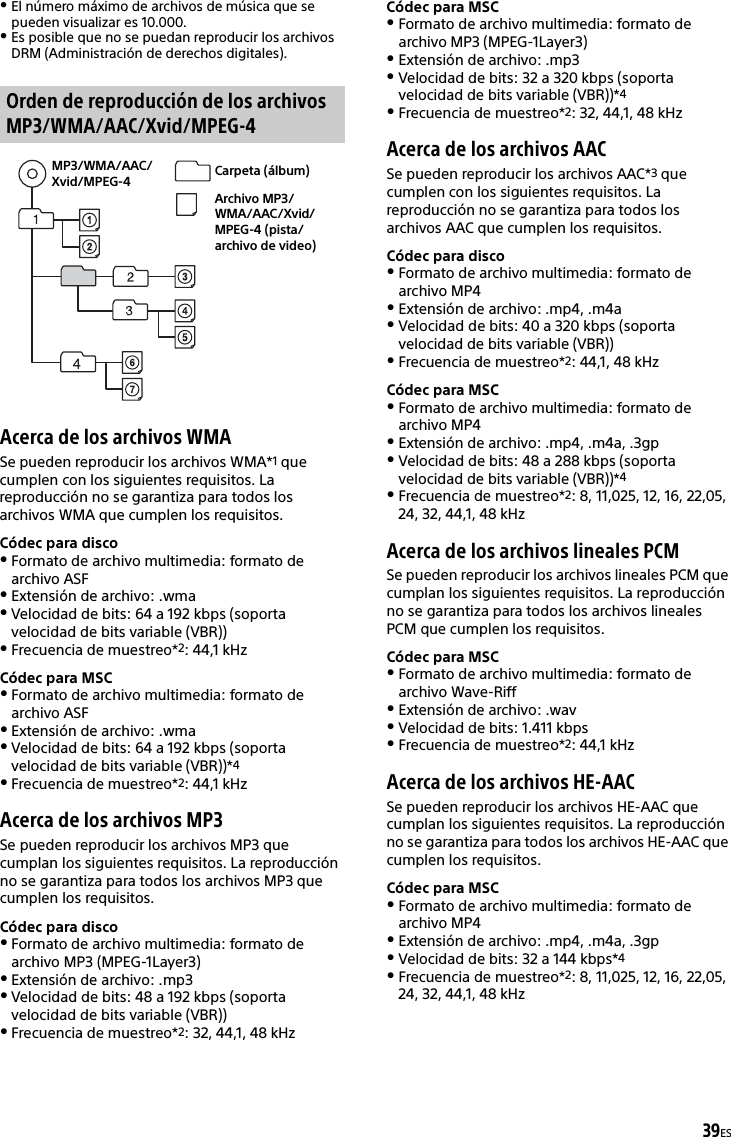 39ESEl número máximo de archivos de música que se pueden visualizar es 10.000.Es posible que no se puedan reproducir los archivos DRM (Administración de derechos digitales).Acerca de los archivos WMASe pueden reproducir los archivos WMA*1 que cumplen con los siguientes requisitos. La reproducción no se garantiza para todos los archivos WMA que cumplen los requisitos.Códec para discoFormato de archivo multimedia: formato de archivo ASFExtensión de archivo: .wmaVelocidad de bits: 64 a 192 kbps (soporta velocidad de bits variable (VBR))Frecuencia de muestreo*2: 44,1 kHzCódec para MSCFormato de archivo multimedia: formato de archivo ASFExtensión de archivo: .wmaVelocidad de bits: 64 a 192 kbps (soporta velocidad de bits variable (VBR))*4Frecuencia de muestreo*2: 44,1 kHzAcerca de los archivos MP3Se pueden reproducir los archivos MP3 que cumplan los siguientes requisitos. La reproducción no se garantiza para todos los archivos MP3 que cumplen los requisitos.Códec para discoFormato de archivo multimedia: formato de archivo MP3 (MPEG-1Layer3)Extensión de archivo: .mp3Velocidad de bits: 48 a 192 kbps (soporta velocidad de bits variable (VBR))Frecuencia de muestreo*2: 32, 44,1, 48 kHzCódec para MSCFormato de archivo multimedia: formato de archivo MP3 (MPEG-1Layer3)Extensión de archivo: .mp3Velocidad de bits: 32 a 320 kbps (soporta velocidad de bits variable (VBR))*4Frecuencia de muestreo*2: 32, 44,1, 48 kHzAcerca de los archivos AACSe pueden reproducir los archivos AAC*3 que cumplen con los siguientes requisitos. La reproducción no se garantiza para todos los archivos AAC que cumplen los requisitos.Códec para discoFormato de archivo multimedia: formato de archivo MP4Extensión de archivo: .mp4, .m4aVelocidad de bits: 40 a 320 kbps (soporta velocidad de bits variable (VBR))Frecuencia de muestreo*2: 44,1, 48 kHzCódec para MSCFormato de archivo multimedia: formato de archivo MP4Extensión de archivo: .mp4, .m4a, .3gpVelocidad de bits: 48 a 288 kbps (soporta velocidad de bits variable (VBR))*4Frecuencia de muestreo*2: 8, 11,025, 12, 16, 22,05, 24, 32, 44,1, 48 kHzAcerca de los archivos lineales PCMSe pueden reproducir los archivos lineales PCM que cumplan los siguientes requisitos. La reproducción no se garantiza para todos los archivos lineales PCM que cumplen los requisitos.Códec para MSCFormato de archivo multimedia: formato de archivo Wave-RiffExtensión de archivo: .wavVelocidad de bits: 1.411 kbpsFrecuencia de muestreo*2: 44,1 kHzAcerca de los archivos HE-AACSe pueden reproducir los archivos HE-AAC que cumplan los siguientes requisitos. La reproducción no se garantiza para todos los archivos HE-AAC que cumplen los requisitos.Códec para MSCFormato de archivo multimedia: formato de archivo MP4Extensión de archivo: .mp4, .m4a, .3gpVelocidad de bits: 32 a 144 kbps*4Frecuencia de muestreo*2: 8, 11,025, 12, 16, 22,05, 24, 32, 44,1, 48 kHzOrden de reproducción de los archivos MP3/WMA/AAC/Xvid/MPEG-4MP3/WMA/AAC/Xvid/MPEG-4 Carpeta (álbum)Archivo MP3/WMA/AAC/Xvid/MPEG-4 (pista/archivo de video)