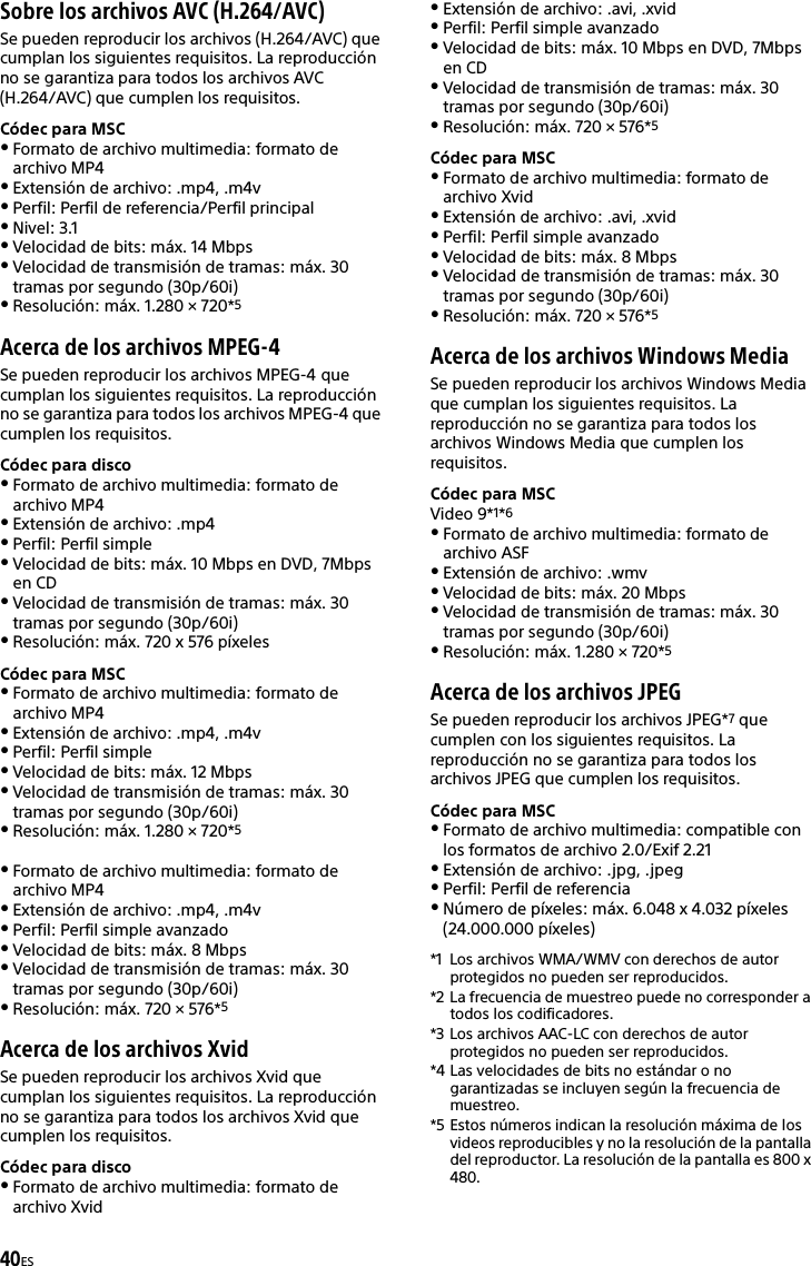 40ESSobre los archivos AVC (H.264/AVC)Se pueden reproducir los archivos (H.264/AVC) que cumplan los siguientes requisitos. La reproducción no se garantiza para todos los archivos AVC (H.264/AVC) que cumplen los requisitos.Códec para MSCFormato de archivo multimedia: formato de archivo MP4Extensión de archivo: .mp4, .m4vPerfil: Perfil de referencia/Perfil principalNivel: 3.1Velocidad de bits: máx. 14 MbpsVelocidad de transmisión de tramas: máx. 30 tramas por segundo (30p/60i)Resolución: máx. 1.280 × 720*5Acerca de los archivos MPEG-4Se pueden reproducir los archivos MPEG-4 que cumplan los siguientes requisitos. La reproducción no se garantiza para todos los archivos MPEG-4 que cumplen los requisitos.Códec para discoFormato de archivo multimedia: formato de archivo MP4Extensión de archivo: .mp4Perfil: Perfil simpleVelocidad de bits: máx. 10 Mbps en DVD, 7Mbps en CDVelocidad de transmisión de tramas: máx. 30 tramas por segundo (30p/60i)Resolución: máx. 720 x 576 píxelesCódec para MSCFormato de archivo multimedia: formato de archivo MP4Extensión de archivo: .mp4, .m4vPerfil: Perfil simpleVelocidad de bits: máx. 12 MbpsVelocidad de transmisión de tramas: máx. 30 tramas por segundo (30p/60i)Resolución: máx. 1.280 × 720*5Formato de archivo multimedia: formato de archivo MP4Extensión de archivo: .mp4, .m4vPerfil: Perfil simple avanzadoVelocidad de bits: máx. 8 MbpsVelocidad de transmisión de tramas: máx. 30 tramas por segundo (30p/60i)Resolución: máx. 720 × 576*5Acerca de los archivos XvidSe pueden reproducir los archivos Xvid que cumplan los siguientes requisitos. La reproducción no se garantiza para todos los archivos Xvid que cumplen los requisitos.Códec para discoFormato de archivo multimedia: formato de archivo XvidExtensión de archivo: .avi, .xvid Perfil: Perfil simple avanzadoVelocidad de bits: máx. 10 Mbps en DVD, 7Mbps en CDVelocidad de transmisión de tramas: máx. 30 tramas por segundo (30p/60i)Resolución: máx. 720 × 576*5Códec para MSCFormato de archivo multimedia: formato de archivo XvidExtensión de archivo: .avi, .xvid Perfil: Perfil simple avanzadoVelocidad de bits: máx. 8 MbpsVelocidad de transmisión de tramas: máx. 30 tramas por segundo (30p/60i)Resolución: máx. 720 × 576*5Acerca de los archivos Windows MediaSe pueden reproducir los archivos Windows Media que cumplan los siguientes requisitos. La reproducción no se garantiza para todos los archivos Windows Media que cumplen los requisitos.Códec para MSCVideo 9*1*6Formato de archivo multimedia: formato de archivo ASFExtensión de archivo: .wmvVelocidad de bits: máx. 20 MbpsVelocidad de transmisión de tramas: máx. 30 tramas por segundo (30p/60i)Resolución: máx. 1.280 × 720*5Acerca de los archivos JPEGSe pueden reproducir los archivos JPEG*7 que cumplen con los siguientes requisitos. La reproducción no se garantiza para todos los archivos JPEG que cumplen los requisitos.Códec para MSCFormato de archivo multimedia: compatible con los formatos de archivo 2.0/Exif 2.21Extensión de archivo: .jpg, .jpegPerfil: Perfil de referenciaNúmero de píxeles: máx. 6.048 x 4.032 píxeles (24.000.000 píxeles)*1 Los archivos WMA/WMV con derechos de autor protegidos no pueden ser reproducidos.*2 La frecuencia de muestreo puede no corresponder a todos los codificadores.*3 Los archivos AAC-LC con derechos de autor protegidos no pueden ser reproducidos.*4 Las velocidades de bits no estándar o no garantizadas se incluyen según la frecuencia de muestreo.*5 Estos números indican la resolución máxima de los videos reproducibles y no la resolución de la pantalla del reproductor. La resolución de la pantalla es 800 x 480.