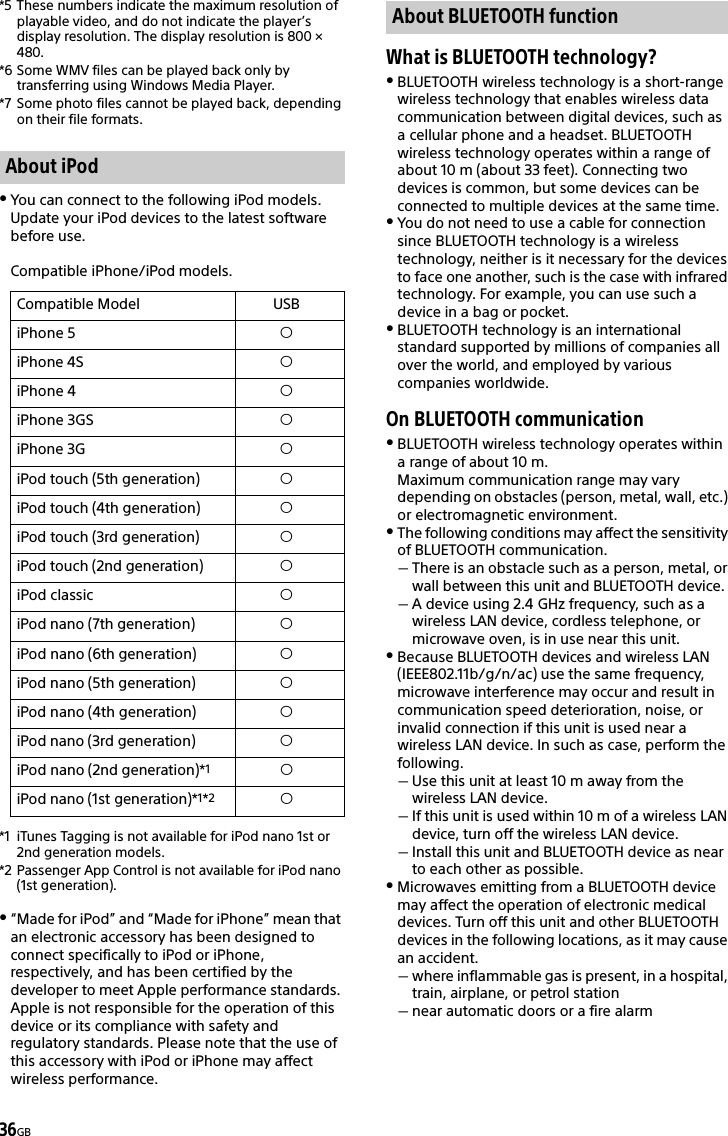 36GB*5 These numbers indicate the maximum resolution of playable video, and do not indicate the player’s display resolution. The display resolution is 800 × 480.*6 Some WMV files can be played back only by transferring using Windows Media Player.*7 Some photo files cannot be played back, depending on their file formats. You can connect to the following iPod models. Update your iPod devices to the latest software before use.Compatible iPhone/iPod models.*1 iTunes Tagging is not available for iPod nano 1st or 2nd generation models.*2 Passenger App Control is not available for iPod nano (1st generation).“Made for iPod” and “Made for iPhone” mean that an electronic accessory has been designed to connect specifically to iPod or iPhone, respectively, and has been certified by the developer to meet Apple performance standards. Apple is not responsible for the operation of this device or its compliance with safety and regulatory standards. Please note that the use of this accessory with iPod or iPhone may affect wireless performance.What is BLUETOOTH technology?BLUETOOTH wireless technology is a short-range wireless technology that enables wireless data communication between digital devices, such as a cellular phone and a headset. BLUETOOTH wireless technology operates within a range of about 10 m (about 33 feet). Connecting two devices is common, but some devices can be connected to multiple devices at the same time.You do not need to use a cable for connection since BLUETOOTH technology is a wireless technology, neither is it necessary for the devices to face one another, such is the case with infrared technology. For example, you can use such a device in a bag or pocket.BLUETOOTH technology is an international standard supported by millions of companies all over the world, and employed by various companies worldwide.On BLUETOOTH communicationBLUETOOTH wireless technology operates within a range of about 10 m. Maximum communication range may vary depending on obstacles (person, metal, wall, etc.) or electromagnetic environment.The following conditions may affect the sensitivity of BLUETOOTH communication.There is an obstacle such as a person, metal, or wall between this unit and BLUETOOTH device.A device using 2.4 GHz frequency, such as a wireless LAN device, cordless telephone, or microwave oven, is in use near this unit.Because BLUETOOTH devices and wireless LAN (IEEE802.11b/g/n/ac) use the same frequency, microwave interference may occur and result in communication speed deterioration, noise, or invalid connection if this unit is used near a wireless LAN device. In such as case, perform the following.Use this unit at least 10 m away from the wireless LAN device.If this unit is used within 10 m of a wireless LAN device, turn off the wireless LAN device.Install this unit and BLUETOOTH device as near to each other as possible.Microwaves emitting from a BLUETOOTH device may affect the operation of electronic medical devices. Turn off this unit and other BLUETOOTH devices in the following locations, as it may cause an accident.where inflammable gas is present, in a hospital, train, airplane, or petrol stationnear automatic doors or a fire alarmAbout iPodCompatible Model USBiPhone 5 iPhone 4S iPhone 4 iPhone 3GS iPhone 3G iPod touch (5th generation) iPod touch (4th generation) iPod touch (3rd generation) iPod touch (2nd generation) iPod classic iPod nano (7th generation) iPod nano (6th generation) iPod nano (5th generation) iPod nano (4th generation) iPod nano (3rd generation) iPod nano (2nd generation)*1iPod nano (1st generation)*1*2About BLUETOOTH function