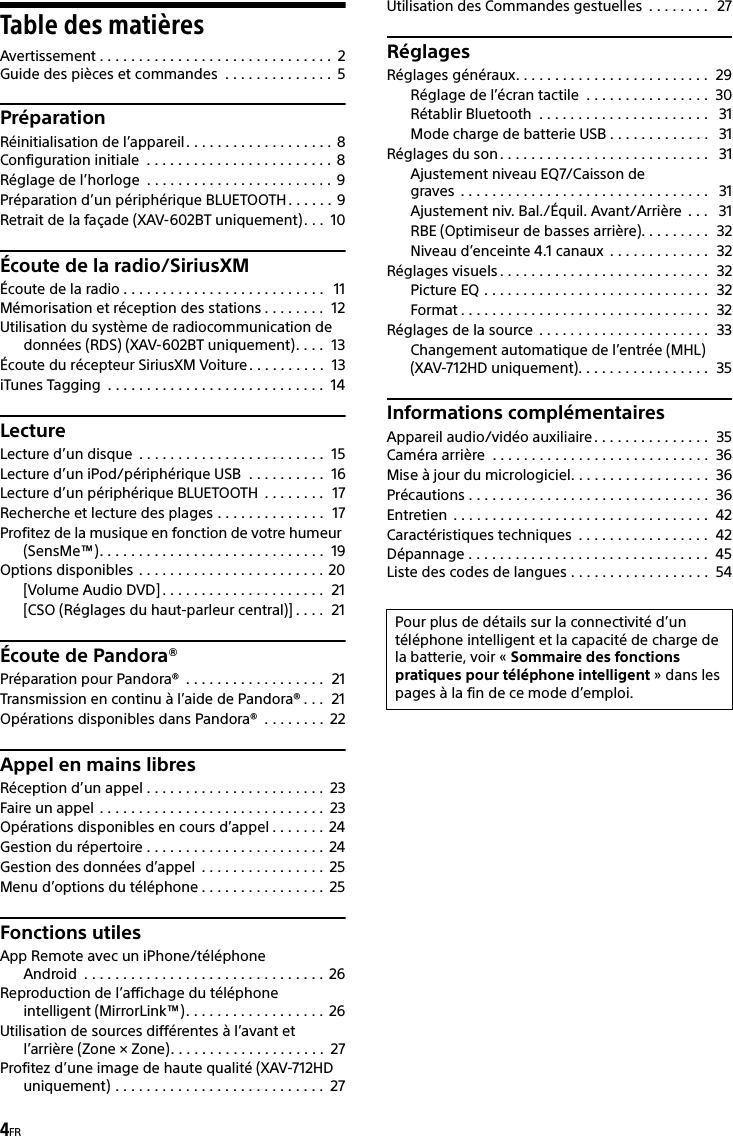 4FRTable des matièresAvertissement . . . . . . . . . . . . . . . . . . . . . . . . . . . . . .  2Guide des pièces et commandes  . . . . . . . . . . . . . .  5PréparationRéinitialisation de l’appareil. . . . . . . . . . . . . . . . . . .  8Configuration initiale  . . . . . . . . . . . . . . . . . . . . . . . .  8Réglage de l’horloge  . . . . . . . . . . . . . . . . . . . . . . . . 9Préparation d’un périphérique BLUETOOTH. . . . . .  9Retrait de la façade (XAV-602BT uniquement). . .  10Écoute de la radio/SiriusXMÉcoute de la radio . . . . . . . . . . . . . . . . . . . . . . . . . .   11Mémorisation et réception des stations . . . . . . . .  12Utilisation du système de radiocommunication de données (RDS) (XAV-602BT uniquement). . . .  13Écoute du récepteur SiriusXM Voiture. . . . . . . . . .  13iTunes Tagging  . . . . . . . . . . . . . . . . . . . . . . . . . . . .  14LectureLecture d’un disque  . . . . . . . . . . . . . . . . . . . . . . . .  15Lecture d’un iPod/périphérique USB  . . . . . . . . . .  16Lecture d’un périphérique BLUETOOTH  . . . . . . . .  17Recherche et lecture des plages . . . . . . . . . . . . . .  17Profitez de la musique en fonction de votre humeur (SensMe™). . . . . . . . . . . . . . . . . . . . . . . . . . . . .  19Options disponibles . . . . . . . . . . . . . . . . . . . . . . . . 20[Volume Audio DVD] . . . . . . . . . . . . . . . . . . . . .  21[CSO (Réglages du haut-parleur central)] . . . .  21Écoute de Pandora®Préparation pour Pandora®  . . . . . . . . . . . . . . . . . .  21Transmission en continu à l’aide de Pandora® . . .  21Opérations disponibles dans Pandora®  . . . . . . . .  22Appel en mains libresRéception d’un appel . . . . . . . . . . . . . . . . . . . . . . .  23Faire un appel . . . . . . . . . . . . . . . . . . . . . . . . . . . . .  23Opérations disponibles en cours d’appel . . . . . . . 24Gestion du répertoire . . . . . . . . . . . . . . . . . . . . . . .  24Gestion des données d’appel  . . . . . . . . . . . . . . . .  25Menu d’options du téléphone . . . . . . . . . . . . . . . .  25Fonctions utilesApp Remote avec un iPhone/téléphone Android  . . . . . . . . . . . . . . . . . . . . . . . . . . . . . . . 26Reproduction de l’affichage du téléphone intelligent (MirrorLink™). . . . . . . . . . . . . . . . . .  26Utilisation de sources différentes à l’avant et l’arrière (Zone × Zone). . . . . . . . . . . . . . . . . . . .  27Profitez d’une image de haute qualité (XAV-712HD uniquement) . . . . . . . . . . . . . . . . . . . . . . . . . . .  27Utilisation des Commandes gestuelles  . . . . . . . .  27RéglagesRéglages généraux. . . . . . . . . . . . . . . . . . . . . . . . .  29Réglage de l’écran tactile  . . . . . . . . . . . . . . . .  30Rétablir Bluetooth  . . . . . . . . . . . . . . . . . . . . . .   31Mode charge de batterie USB . . . . . . . . . . . . .   31Réglages du son . . . . . . . . . . . . . . . . . . . . . . . . . . .   31Ajustement niveau EQ7/Caisson de graves  . . . . . . . . . . . . . . . . . . . . . . . . . . . . . . . .   31Ajustement niv. Bal./Équil. Avant/Arrière  . . .   31RBE (Optimiseur de basses arrière). . . . . . . . .  32Niveau d’enceinte 4.1 canaux  . . . . . . . . . . . . .  32Réglages visuels . . . . . . . . . . . . . . . . . . . . . . . . . . .  32Picture EQ . . . . . . . . . . . . . . . . . . . . . . . . . . . . .  32Format . . . . . . . . . . . . . . . . . . . . . . . . . . . . . . . .  32Réglages de la source  . . . . . . . . . . . . . . . . . . . . . .  33Changement automatique de l’entrée (MHL) (XAV-712HD uniquement). . . . . . . . . . . . . . . . .  35Informations complémentairesAppareil audio/vidéo auxiliaire. . . . . . . . . . . . . . .  35Caméra arrière  . . . . . . . . . . . . . . . . . . . . . . . . . . . .  36Mise à jour du micrologiciel. . . . . . . . . . . . . . . . . .  36Précautions . . . . . . . . . . . . . . . . . . . . . . . . . . . . . . .  36Entretien  . . . . . . . . . . . . . . . . . . . . . . . . . . . . . . . . .  42Caractéristiques techniques  . . . . . . . . . . . . . . . . .  42Dépannage . . . . . . . . . . . . . . . . . . . . . . . . . . . . . . .  45Liste des codes de langues . . . . . . . . . . . . . . . . . .  54Pour plus de détails sur la connectivité d’un téléphone intelligent et la capacité de charge de la batterie, voir « Sommaire des fonctions pratiques pour téléphone intelligent » dans les pages à la fin de ce mode d’emploi.