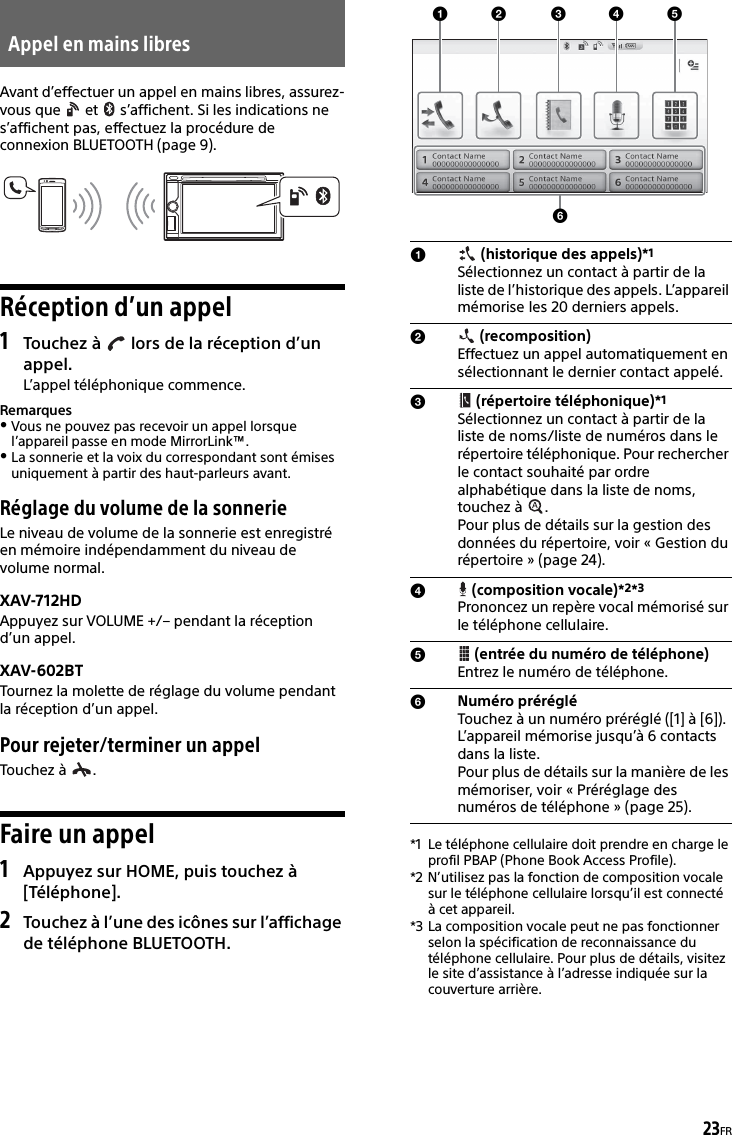 23FRAvant d’effectuer un appel en mains libres, assurez-vous que   et   s’affichent. Si les indications ne s’affichent pas, effectuez la procédure de connexion BLUETOOTH (page 9).Réception d’un appel1Touchez à   lors de la réception d’un appel.L’appel téléphonique commence.RemarquesVous ne pouvez pas recevoir un appel lorsque l’appareil passe en mode MirrorLink™.La sonnerie et la voix du correspondant sont émises uniquement à partir des haut-parleurs avant.Réglage du volume de la sonnerieLe niveau de volume de la sonnerie est enregistré en mémoire indépendamment du niveau de volume normal.XAV-712HDAppuyez sur VOLUME +/– pendant la réception d’un appel.XAV-602BTTournez la molette de réglage du volume pendant la réception d’un appel.Pour rejeter/terminer un appelTouchez à  .Faire un appel1Appuyez sur HOME, puis touchez à [Téléphone].2Touchez à l’une des icônes sur l’affichage de téléphone BLUETOOTH.*1 Le téléphone cellulaire doit prendre en charge le profil PBAP (Phone Book Access Profile).*2 N’utilisez pas la fonction de composition vocale sur le téléphone cellulaire lorsqu’il est connecté à cet appareil.*3 La composition vocale peut ne pas fonctionner selon la spécification de reconnaissance du téléphone cellulaire. Pour plus de détails, visitez le site d’assistance à l’adresse indiquée sur la couverture arrière.Appel en mains libres (historique des appels)*1 Sélectionnez un contact à partir de la liste de l’historique des appels. L’appareil mémorise les 20 derniers appels. (recomposition)Effectuez un appel automatiquement en sélectionnant le dernier contact appelé. (répertoire téléphonique)*1Sélectionnez un contact à partir de la liste de noms/liste de numéros dans le répertoire téléphonique. Pour rechercher le contact souhaité par ordre alphabétique dans la liste de noms, touchez à  . Pour plus de détails sur la gestion des données du répertoire, voir « Gestion du répertoire » (page 24). (composition vocale)*2*3Prononcez un repère vocal mémorisé sur le téléphone cellulaire. (entrée du numéro de téléphone)Entrez le numéro de téléphone.Numéro prérégléTouchez à un numéro préréglé ([1] à [6]). L’appareil mémorise jusqu’à 6 contacts dans la liste. Pour plus de détails sur la manière de les mémoriser, voir « Préréglage des numéros de téléphone » (page 25).