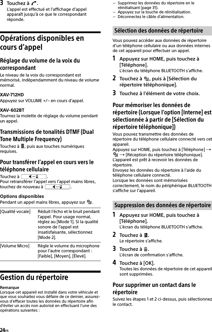 24FR3Touchez à  .L’appel est effectué et l’affichage d’appel apparaît jusqu’à ce que le correspondant réponde.Opérations disponibles en cours d’appelRéglage du volume de la voix du correspondantLe niveau de la voix du correspondant est mémorisé, indépendamment du niveau de volume normal.XAV-712HDAppuyez sur VOLUME +/– en cours d’appel.XAV-602BTTournez la molette de réglage du volume pendant un appel.Transmissions de tonalités DTMF (Dual Tone Multiple Frequency)Touchez à  , puis aux touches numériques requises.Pour transférer l’appel en cours vers le téléphone cellulaireTouchez à  .Pour retransférer l’appel vers l’appel mains libres, touchez de nouveau à  .Options disponiblesPendant un appel mains libres, appuyez sur  .Gestion du répertoireRemarqueLorsque cet appareil est installé dans votre véhicule et que vous souhaitez vous défaire de ce dernier, assurez-vous d’effacer toutes les données du répertoire afin d’éviter un accès non autorisé en effectuant l’une des opérations suivantes :Supprimez les données du répertoire en le réinitialisant (page 31).Appuyez sur la touche de réinitialisation.Déconnectez le câble d’alimentation.Vous pouvez accéder aux données de répertoire d’un téléphone cellulaire ou aux données internes de cet appareil pour effectuer un appel.1Appuyez sur HOME, puis touchez à [Téléphone].L’écran du téléphone BLUETOOTH s’affiche.2Touchez à  , puis à [Sélection du répertoire téléphonique].3Touchez à l’élément de votre choix.Pour mémoriser les données de répertoire (Lorsque l’option [Interne] est sélectionnée à partir de [Sélection du répertoire téléphonique])Vous pouvez transmettre des données de répertoire du téléphone cellulaire connecté vers cet appareil.Appuyez sur HOME, puis touchez à [Téléphone]    [Réception du répertoire téléphonique]. L’appareil est prêt à recevoir les données de répertoire.Envoyez les données du répertoire à l’aide du téléphone cellulaire connecté.Lorsque les données sont mémorisées correctement, le nom du périphérique BLUETOOTH s’affiche sur l’appareil.1Appuyez sur HOME, puis touchez à [Téléphone].L’écran du téléphone BLUETOOTH s’affiche.2Touchez à  .Le répertoire s’affiche.3Touchez à  .L’écran de confirmation s’affiche.4Touchez à [OK].Toutes les données de répertoire de cet appareil sont supprimées.Pour supprimer un contact dans le répertoireSuivez les étapes 1 et 2 ci-dessus, puis sélectionnez le contact.[Qualité vocale] Réduit l’écho et le bruit pendant l’appel. Pour usage normal, réglez au [Mode 1]. Si la qualité sonore de l’appel est insatisfaisante, sélectionnez [Mode 2].[Volume Micro] Règle le volume du microphone pour l’autre correspondant : [Faible], [Moyen], [Élevé].Sélection des données de répertoireSuppression des données de répertoire