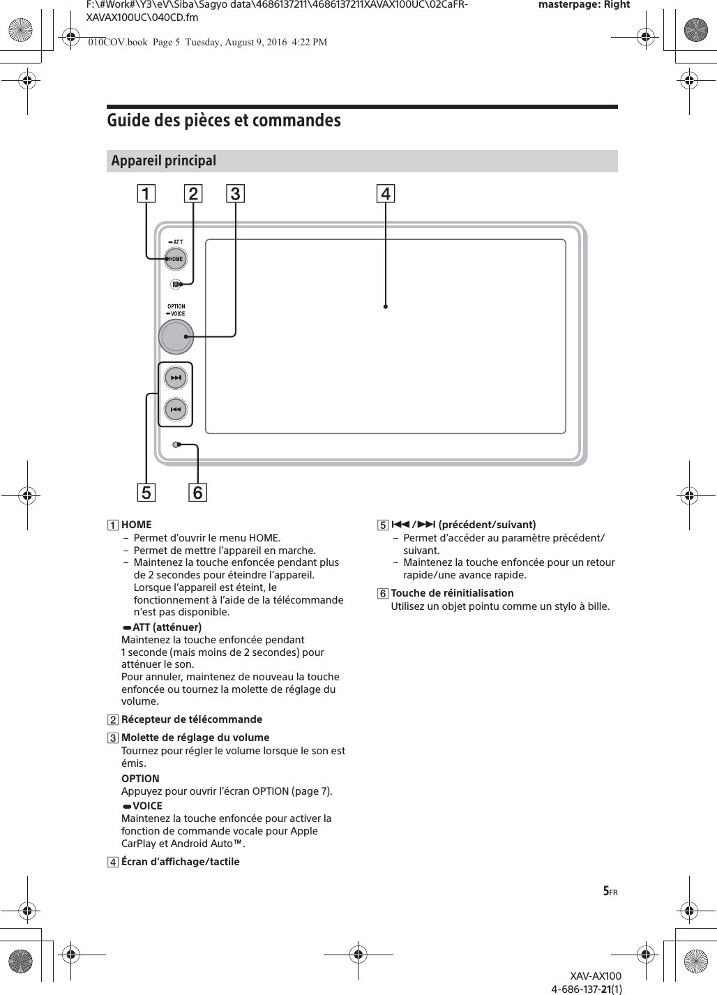 5FRF:\#Work#\Y3\eV\Siba\Sagyo data\4686137211\4686137211XAVAX100UC\02CaFR-XAVAX100UC\040CD.fmmasterpage: RightXAV-AX1004-686-137-21(1)Guide des pi&egrave;ces et commandesȩHOME&ndash; Permet d&rsquo;ouvrir le menu HOME.&ndash; Permet de mettre l&rsquo;appareil en marche.&ndash; Maintenez la touche enfonc&eacute;e pendant plus de 2 secondes pour &eacute;teindre l&rsquo;appareil. Lorsque l&rsquo;appareil est &eacute;teint, le fonctionnement &agrave; l&rsquo;aide de la t&eacute;l&eacute;commande n&rsquo;est pas disponible.ATT (att&eacute;nuer)Maintenez la touche enfonc&eacute;e pendant 1 seconde (mais moins de 2 secondes) pour att&eacute;nuer le son.Pour annuler, maintenez de nouveau la touche enfonc&eacute;e ou tournez la molette de r&eacute;glage du volume.ȪR&eacute;cepteur de t&eacute;l&eacute;commandeȫMolette de r&eacute;glage du volumeTournez pour r&eacute;gler le volume lorsque le son est &eacute;mis.OPTIONAppuyez pour ouvrir l&rsquo;&eacute;cran OPTION (page 7).VOICEMaintenez la touche enfonc&eacute;e pour activer la fonction de commande vocale pour Apple CarPlay et Android Auto&trade;.Ȭ&Eacute;cran d&rsquo;affichage/tactileȭ&Atilde;/&Ntilde; (pr&eacute;c&eacute;dent/suivant)&ndash; Permet d&rsquo;acc&eacute;der au param&egrave;tre pr&eacute;c&eacute;dent/suivant.&ndash; Maintenez la touche enfonc&eacute;e pour un retour rapide/une avance rapide.ȮTouche de r&eacute;initialisationUtilisez un objet pointu comme un stylo &agrave; bille.Appareil principal010COV.book  Page 5  Tuesday, August 9, 2016  4:22 PM
