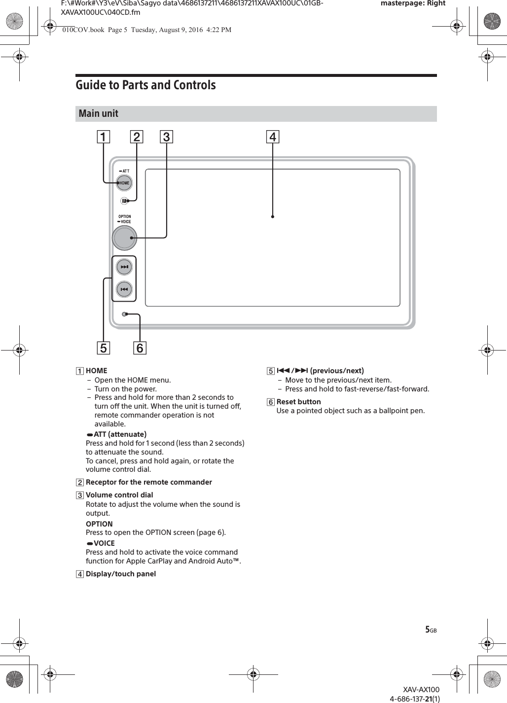 5GBF:\#Work#\Y3\eV\Siba\Sagyo data\4686137211\4686137211XAVAX100UC\01GB-XAVAX100UC\040CD.fmmasterpage: RightXAV-AX1004-686-137-21(1)Guide to Parts and ControlsȩHOME&ndash;Open the HOME menu.&ndash; Turn on the power.&ndash; Press and hold for more than 2 seconds to turn off the unit. When the unit is turned off, remote commander operation is not available.ATT (attenuate)Press and hold for 1 second (less than 2 seconds) to attenuate the sound.To cancel, press and hold again, or rotate the volume control dial.ȪReceptor for the remote commanderȫVolume control dialRotate to adjust the volume when the sound is output.OPTIONPress to open the OPTION screen (page 6).VOICEPress and hold to activate the voice command function for Apple CarPlay and Android Auto&trade;.ȬDisplay/touch panelȭ&Atilde;/&Ntilde; (previous/next)&ndash; Move to the previous/next item.&ndash; Press and hold to fast-reverse/fast-forward.ȮReset buttonUse a pointed object such as a ballpoint pen.Main unit010COV.book  Page 5  Tuesday, August 9, 2016  4:22 PM