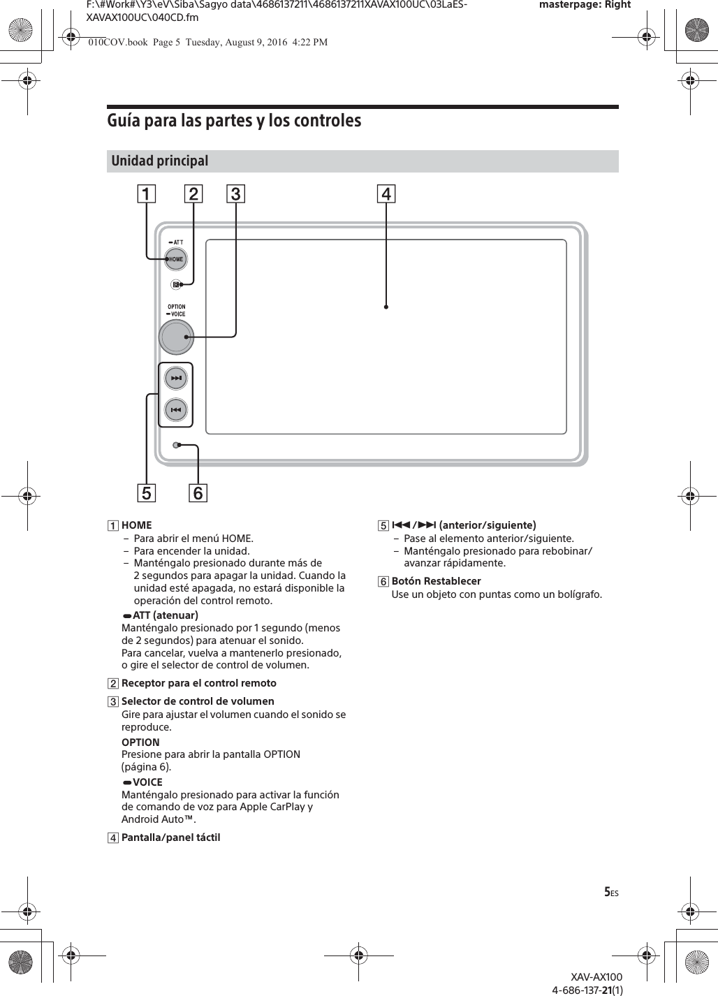 5ESF:\#Work#\Y3\eV\Siba\Sagyo data\4686137211\4686137211XAVAX100UC\03LaES-XAVAX100UC\040CD.fmmasterpage: RightXAV-AX1004-686-137-21(1)Gu&iacute;a para las partes y los controlesȩHOME&ndash; Para abrir el men&uacute; HOME.&ndash; Para encender la unidad.&ndash; Mant&eacute;ngalo presionado durante m&aacute;s de 2 segundos para apagar la unidad. Cuando la unidad est&eacute; apagada, no estar&aacute; disponible la operaci&oacute;n del control remoto.ATT (atenuar)Mant&eacute;ngalo presionado por 1 segundo (menos de 2 segundos) para atenuar el sonido.Para cancelar, vuelva a mantenerlo presionado, o gire el selector de control de volumen.ȪReceptor para el control remotoȫSelector de control de volumenGire para ajustar el volumen cuando el sonido se reproduce.OPTIONPresione para abrir la pantalla OPTION (p&aacute;gina 6).VOICEMant&eacute;ngalo presionado para activar la funci&oacute;n de comando de voz para Apple CarPlay y Android Auto&trade;.ȬPantalla/panel t&aacute;ctilȭ&Atilde;/&Ntilde; (anterior/siguiente)&ndash; Pase al elemento anterior/siguiente.&ndash; Mant&eacute;ngalo presionado para rebobinar/avanzar r&aacute;pidamente.ȮBot&oacute;n RestablecerUse un objeto con puntas como un bol&iacute;grafo.Unidad principal010COV.book  Page 5  Tuesday, August 9, 2016  4:22 PM