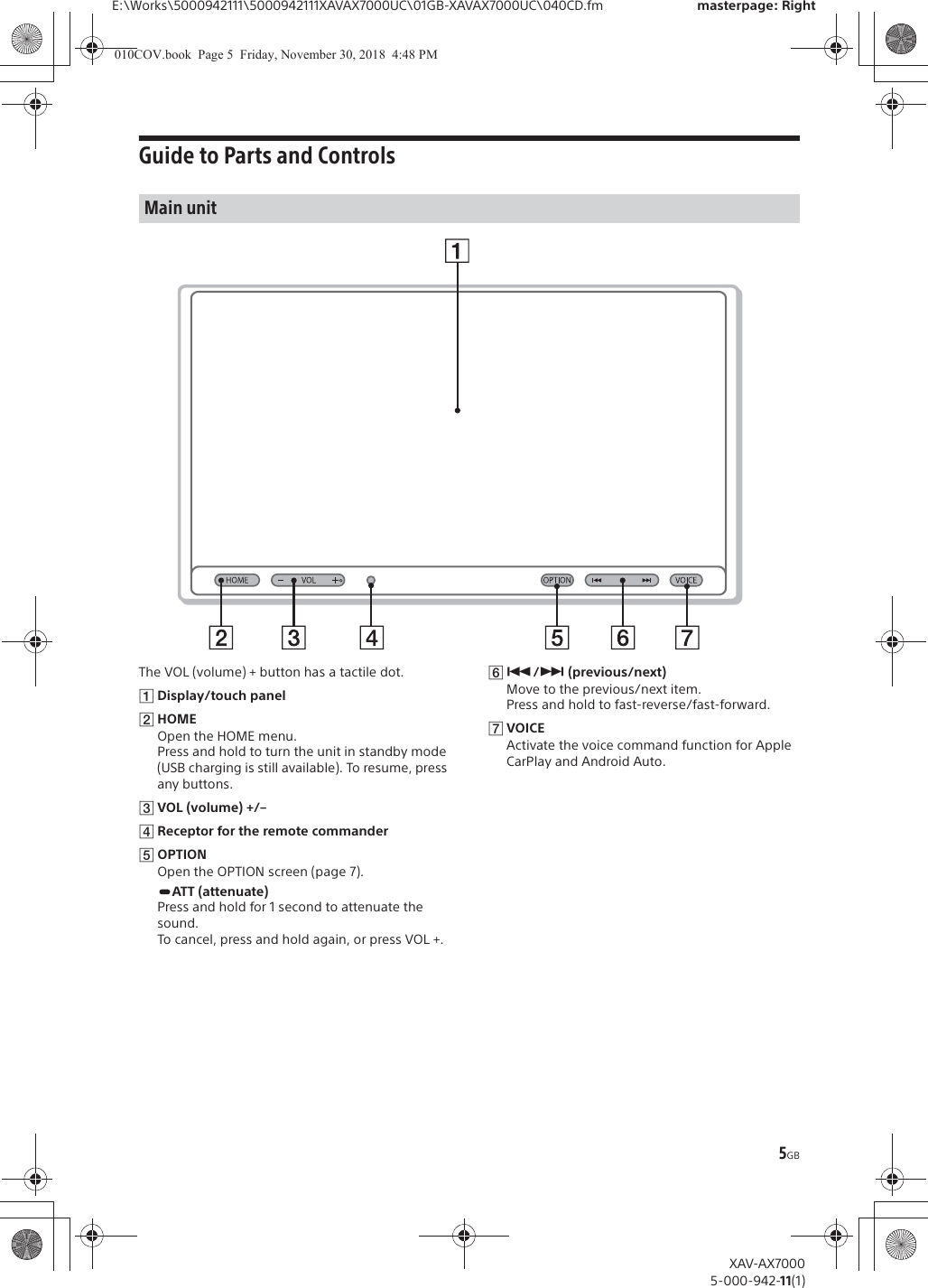 5GBE:\Works\5000942111\5000942111XAVAX7000UC\01GB-XAVAX7000UC\040CD.fm masterpage: RightXAV-AX70005-000-942-11(1)Guide to Parts and ControlsThe VOL (volume) + button has a tactile dot.ȩDisplay/touch panelȪHOMEOpen the HOME menu.Press and hold to turn the unit in standby mode (USB charging is still available). To resume, press any buttons.ȫVOL (volume) +/&ndash;ȬReceptor for the remote commanderȭOPTIONOpen the OPTION screen (page 7).ATT (attenuate)Press and hold for 1 second to attenuate the sound.To cancel, press and hold again, or press VOL +.Ȯ&Atilde;/&Ntilde; (previous/next)Move to the previous/next item.Press and hold to fast-reverse/fast-forward.̚VOICEActivate the voice command function for Apple CarPlay and Android Auto.Main unit010COV.book  Page 5  Friday, November 30, 2018  4:48 PM
