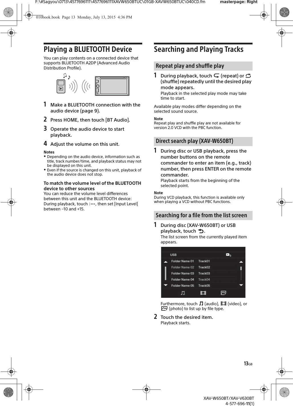 Sony XAVW650BT AV Center User Manual XAV W650BT XAV V630BT