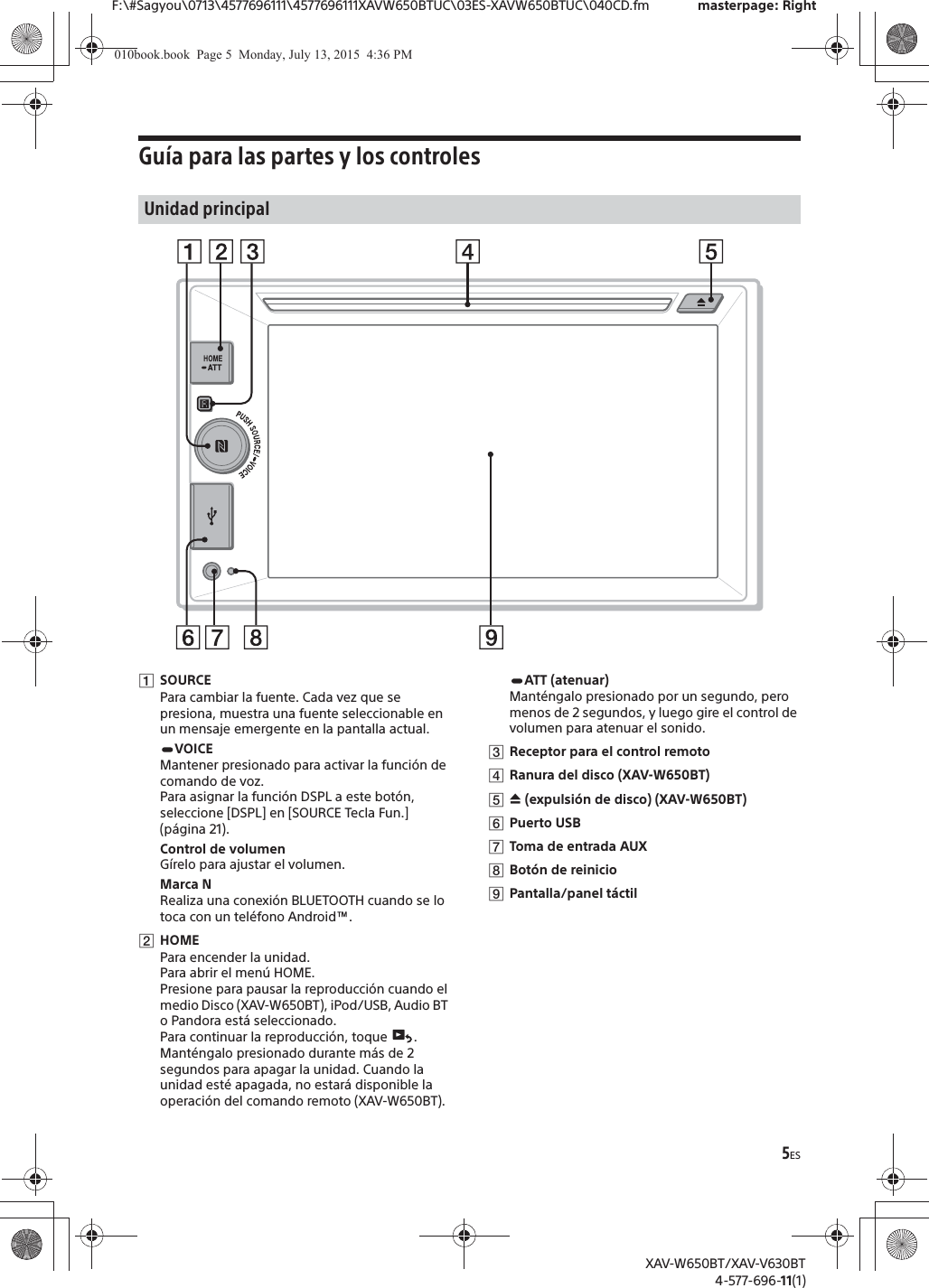 5ESF:\#Sagyou\0713\4577696111\4577696111XAVW650BTUC\03ES-XAVW650BTUC\040CD.fm masterpage: RightXAV-W650BT/XAV-V630BT4-577-696-11(1)Gu&iacute;a para las partes y los controlesȩSOURCEPara cambiar la fuente. Cada vez que se presiona, muestra una fuente seleccionable en un mensaje emergente en la pantalla actual.VOICEMantener presionado para activar la funci&oacute;n de comando de voz.Para asignar la funci&oacute;n DSPL a este bot&oacute;n, seleccione [DSPL] en [SOURCE Tecla Fun.] (p&aacute;gina 21).Control de volumenG&iacute;relo para ajustar el volumen.Marca NRealiza una conexi&oacute;n BLUETOOTH cuando se lo toca con un tel&eacute;fono Android&trade;.ȪHOMEPara encender la unidad.Para abrir el men&uacute; HOME.Presione para pausar la reproducci&oacute;n cuando el medio Disco (XAV-W650BT), iPod/USB, Audio BT o Pandora est&aacute; seleccionado. Para continuar la reproducci&oacute;n, toque  .Mant&eacute;ngalo presionado durante m&aacute;s de 2 segundos para apagar la unidad. Cuando la unidad est&eacute; apagada, no estar&aacute; disponible la operaci&oacute;n del comando remoto (XAV-W650BT).ATT (atenuar)Mant&eacute;ngalo presionado por un segundo, pero menos de 2 segundos, y luego gire el control de volumen para atenuar el sonido.ȫReceptor para el control remotoȬRanura del disco (XAV-W650BT)ȭ&igrave; (expulsi&oacute;n de disco) (XAV-W650BT)ȮPuerto USBȯToma de entrada AUXȰBot&oacute;n de reinicioȱPantalla/panel t&aacute;ctilUnidad principal010book.book  Page 5  Monday, July 13, 2015  4:36 PM