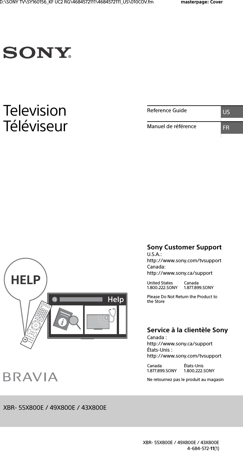 Sony XBR 43X800E 55X800E / 49X800E User Manual Reference Guide Ref