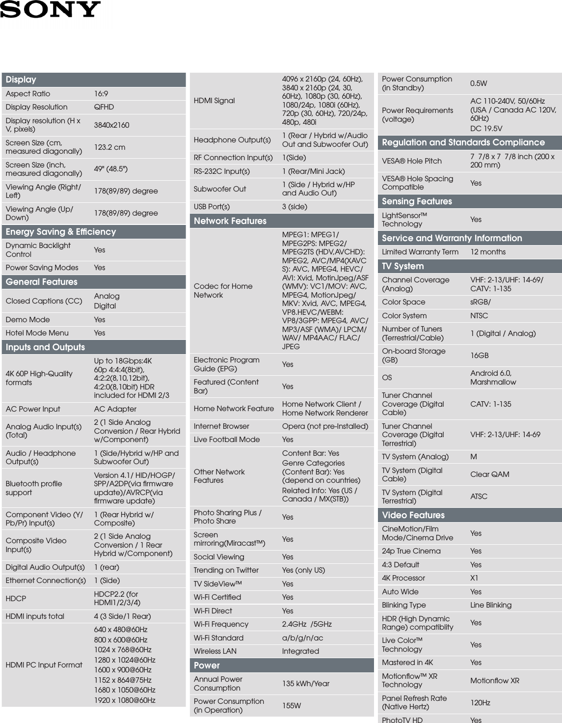 Page 3 of 4 - Sony XBR-49X900E User Manual Marketing Specifications XBR49X900E Mksp