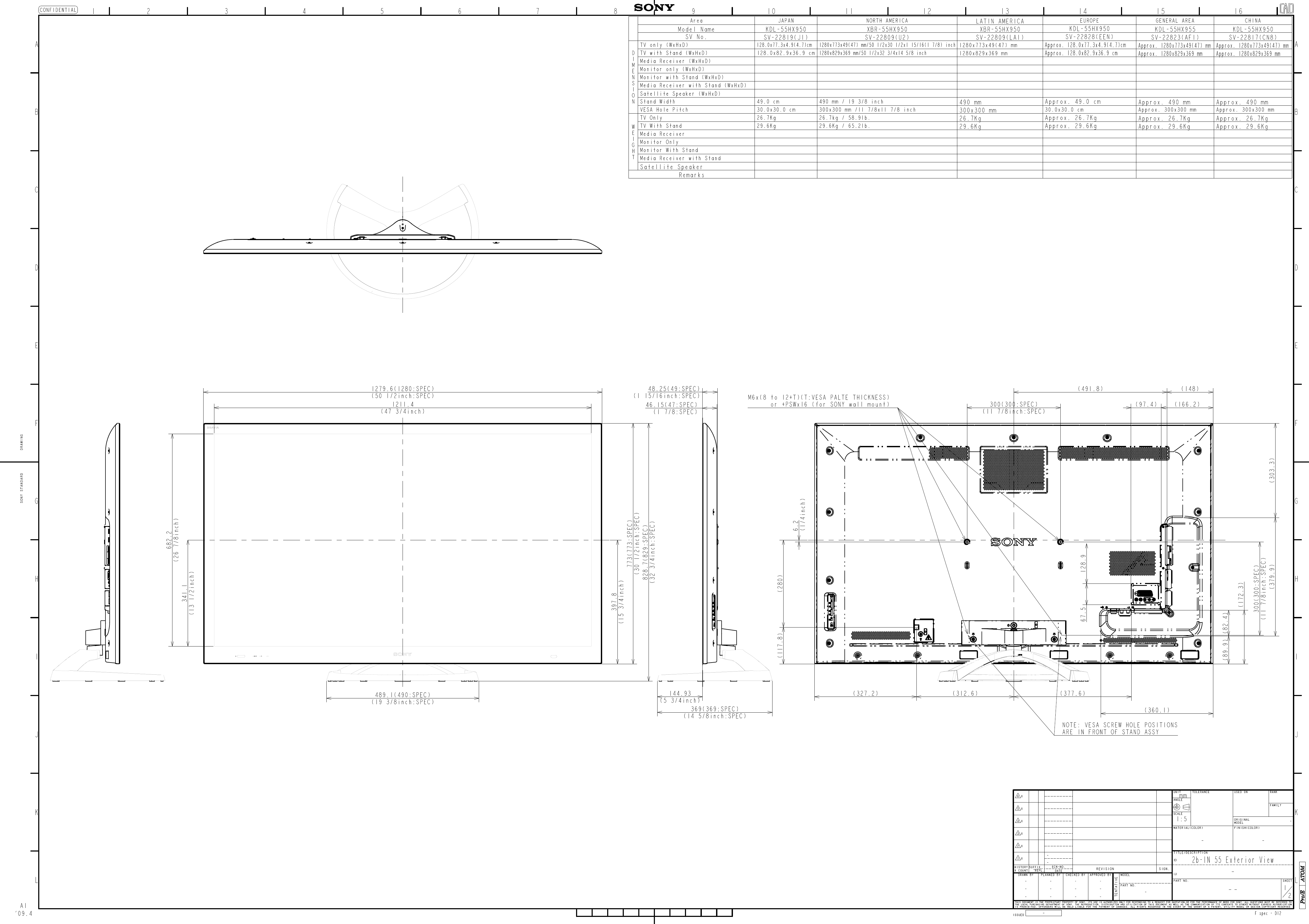 Page 1 of 2 - Sony XBR-55HX950 User Manual Dimensions Diagram XBR55HX950 Cutsheet