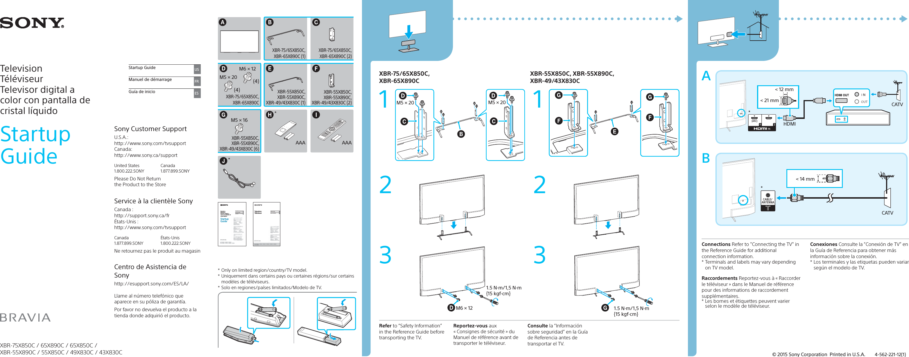 Page 1 of 2 - Sony XBR-55X850C User Manual Startup Guide XBR75X850C 65X890C 65X850C 55X890C 55X850C 49X830C 43X830C QS EN FR ES