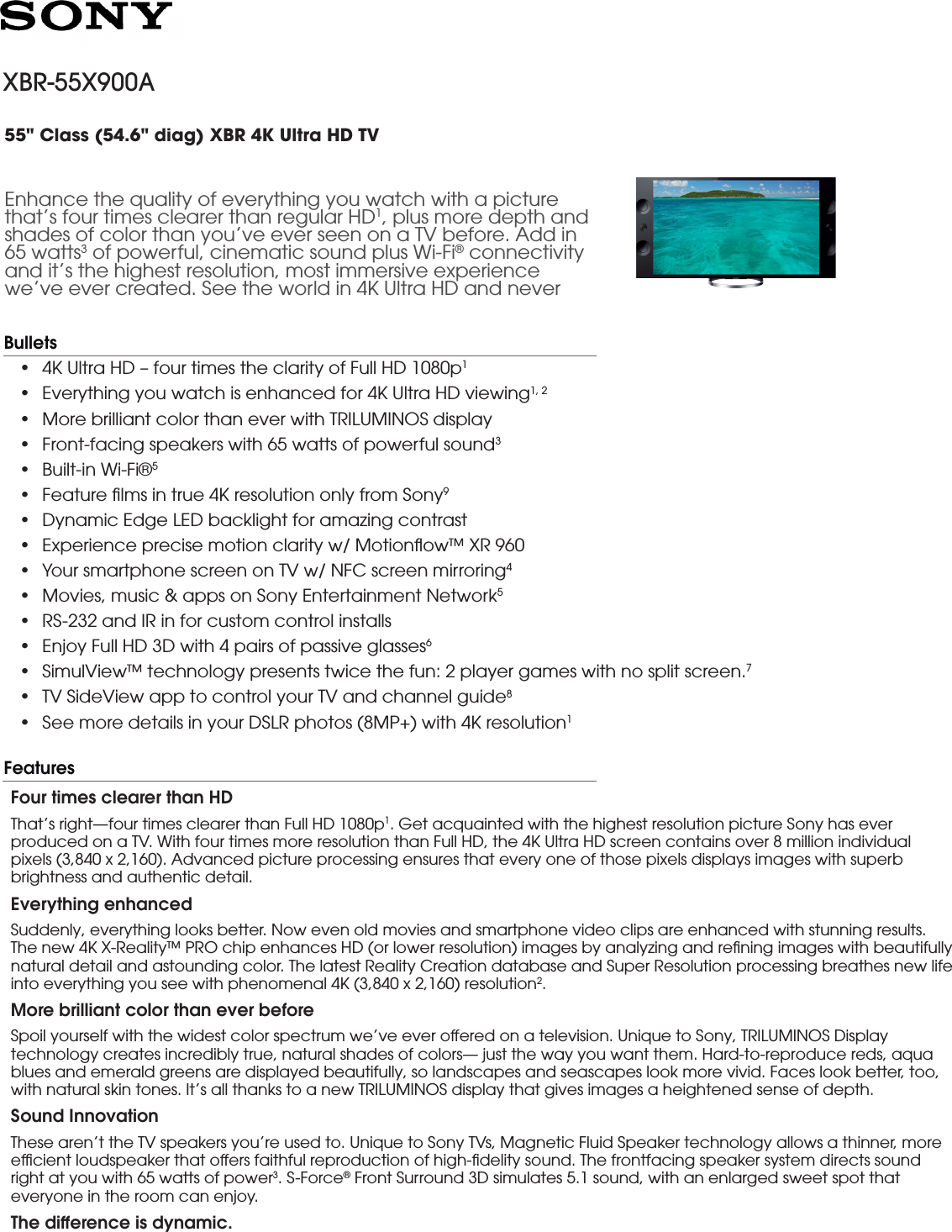 Page 1 of 5 - Sony XBR-55X900A User Manual Marketing Specifications XBR55X900A Mksp