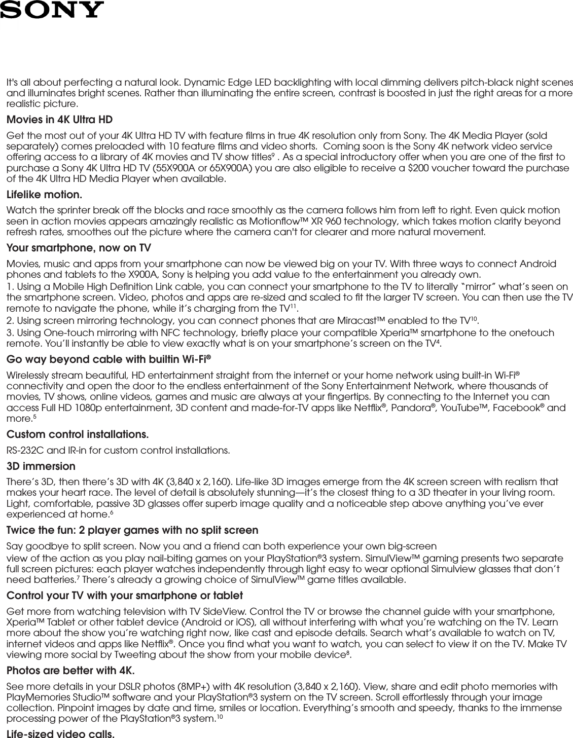 Page 2 of 5 - Sony XBR-55X900A User Manual Marketing Specifications XBR55X900A Mksp