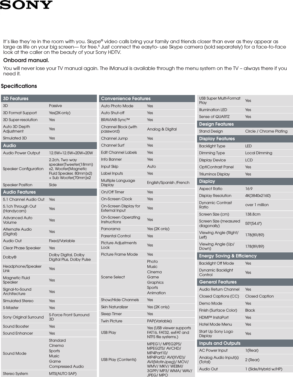 Page 3 of 5 - Sony XBR-55X900A User Manual Marketing Specifications XBR55X900A Mksp