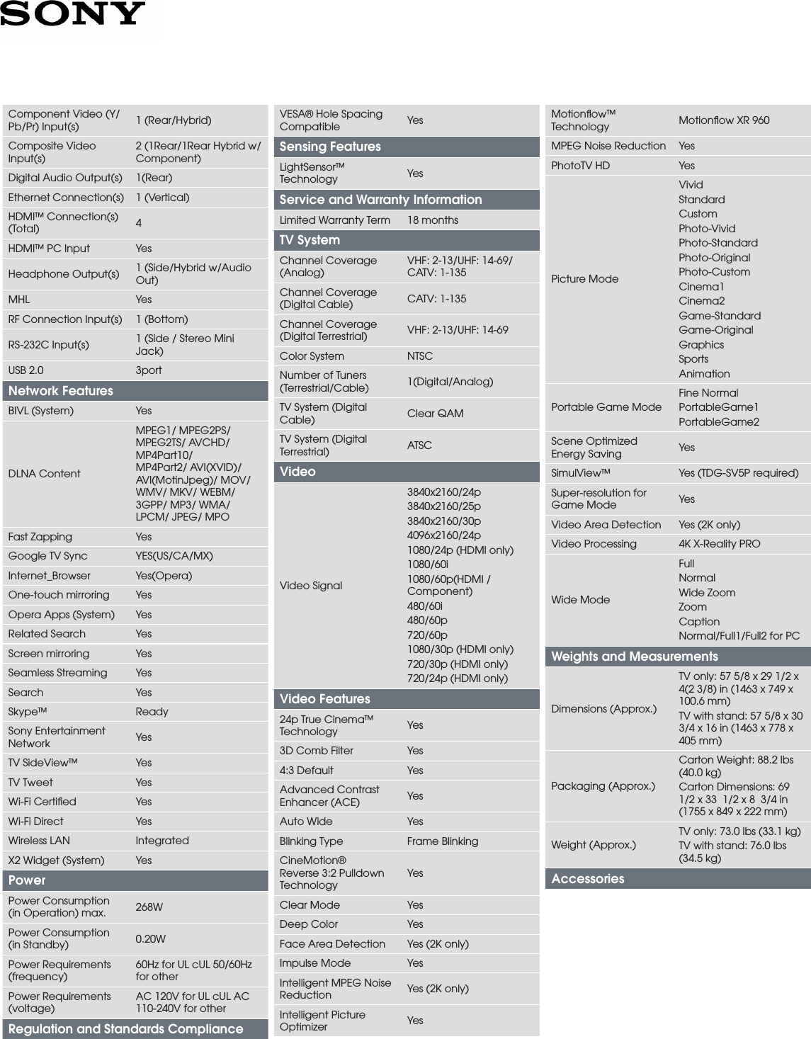 Page 4 of 5 - Sony XBR-55X900A User Manual Marketing Specifications XBR55X900A Mksp
