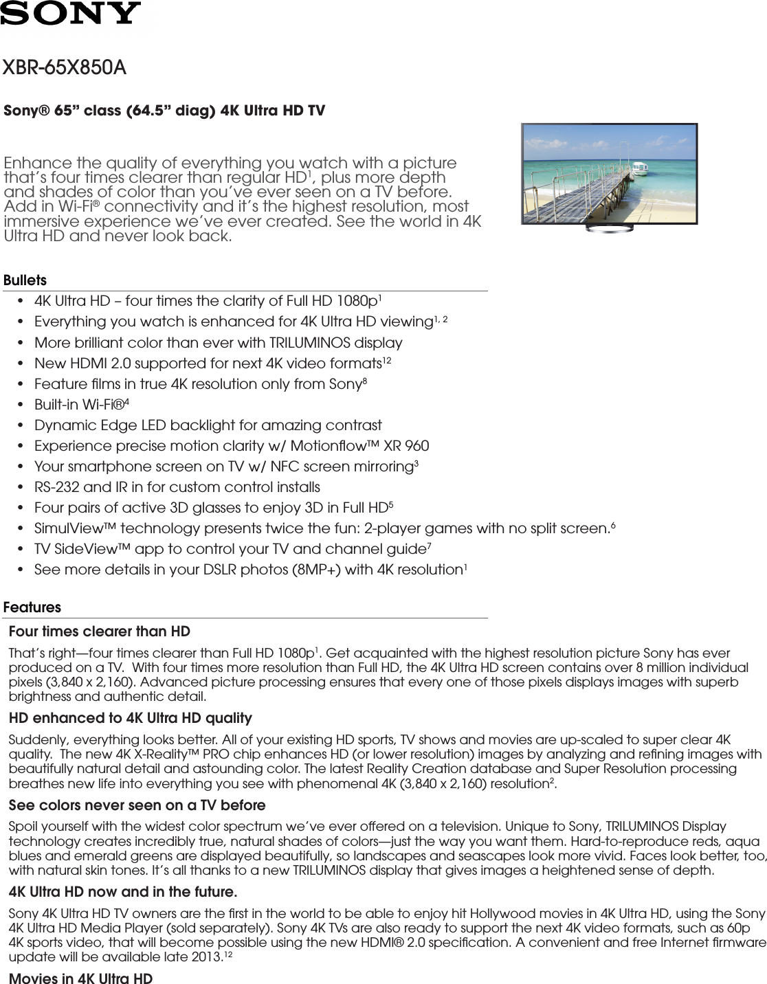 Page 1 of 5 - Sony XBR-65X850A User Manual Marketing Specifications XBR65X850A Mksp