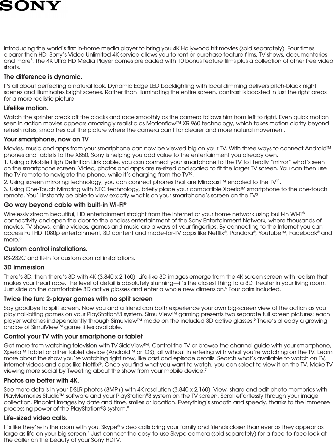 Page 2 of 5 - Sony XBR-65X850A User Manual Marketing Specifications XBR65X850A Mksp