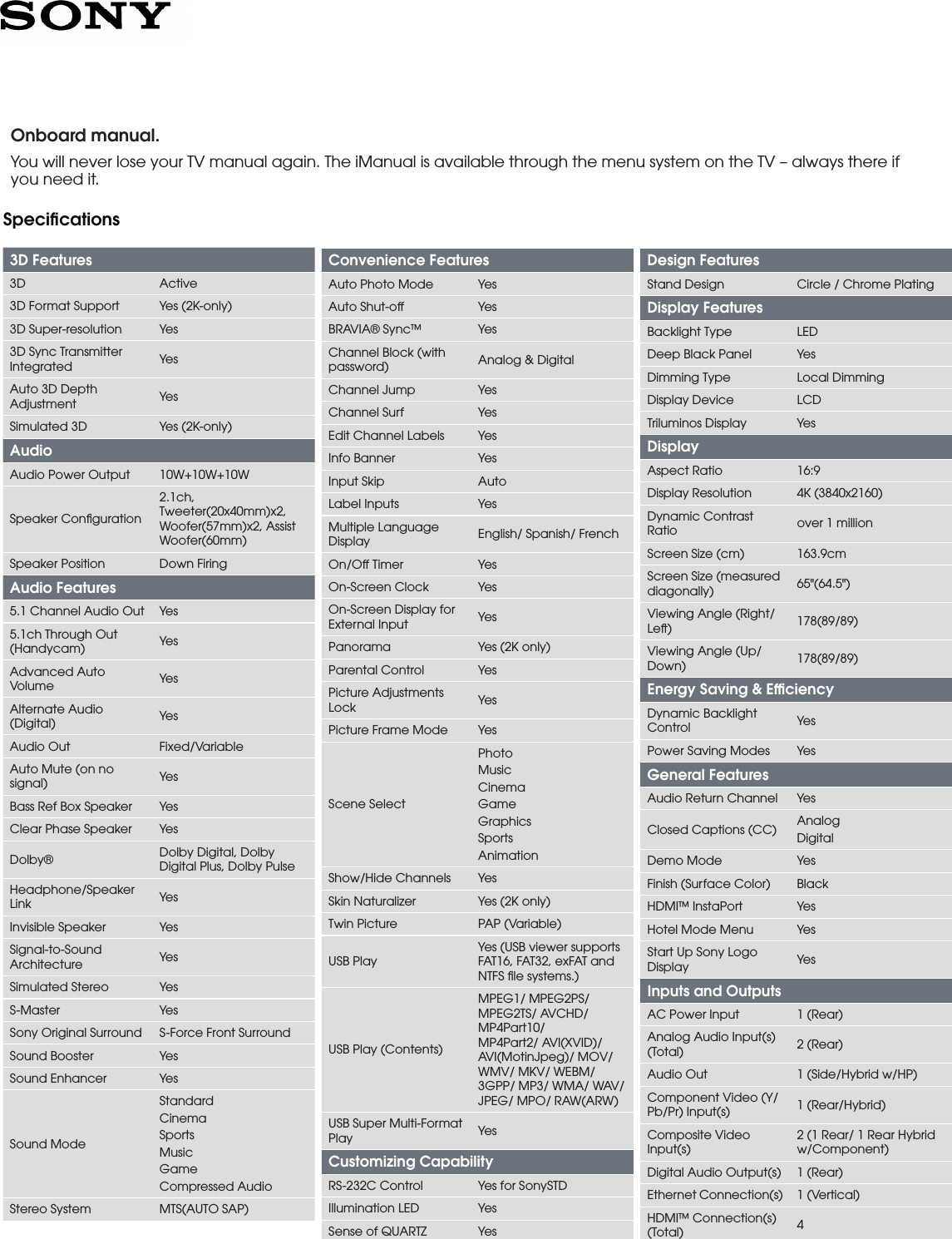 Page 3 of 5 - Sony XBR-65X850A User Manual Marketing Specifications XBR65X850A Mksp