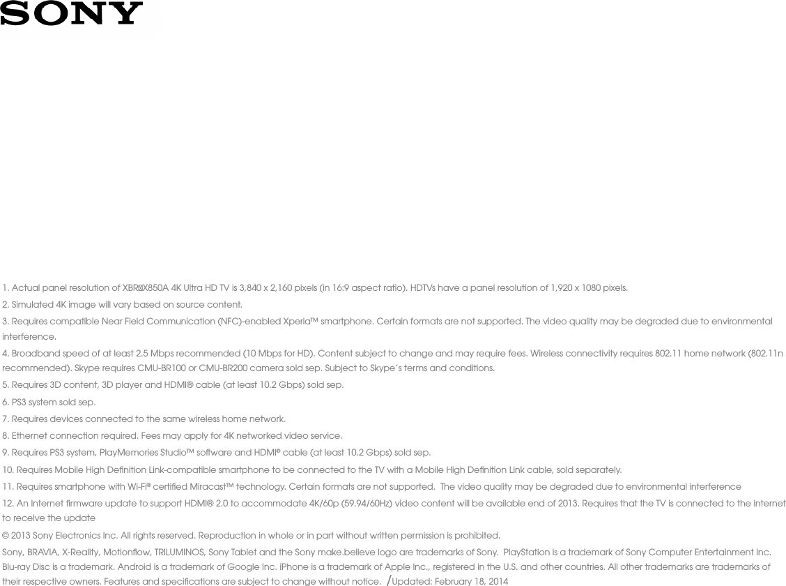 Page 5 of 5 - Sony XBR-65X850A User Manual Marketing Specifications XBR65X850A Mksp