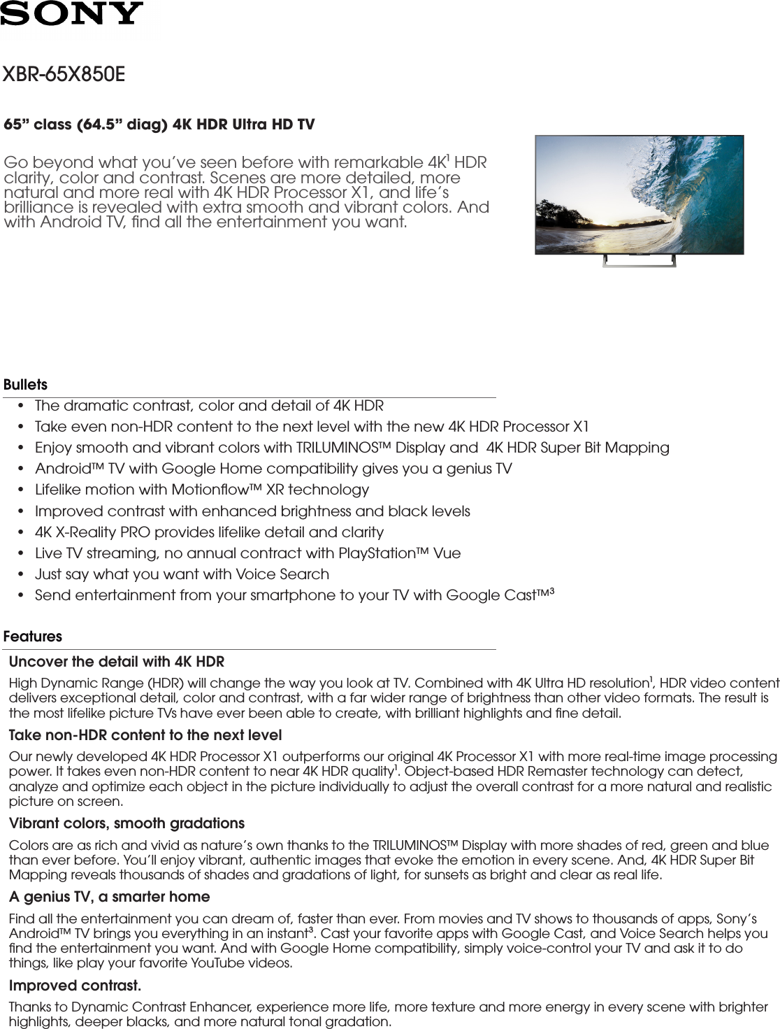 Page 1 of 4 - Sony XBR-65X850E User Manual Marketing Specifications XBR65X850E Mksp