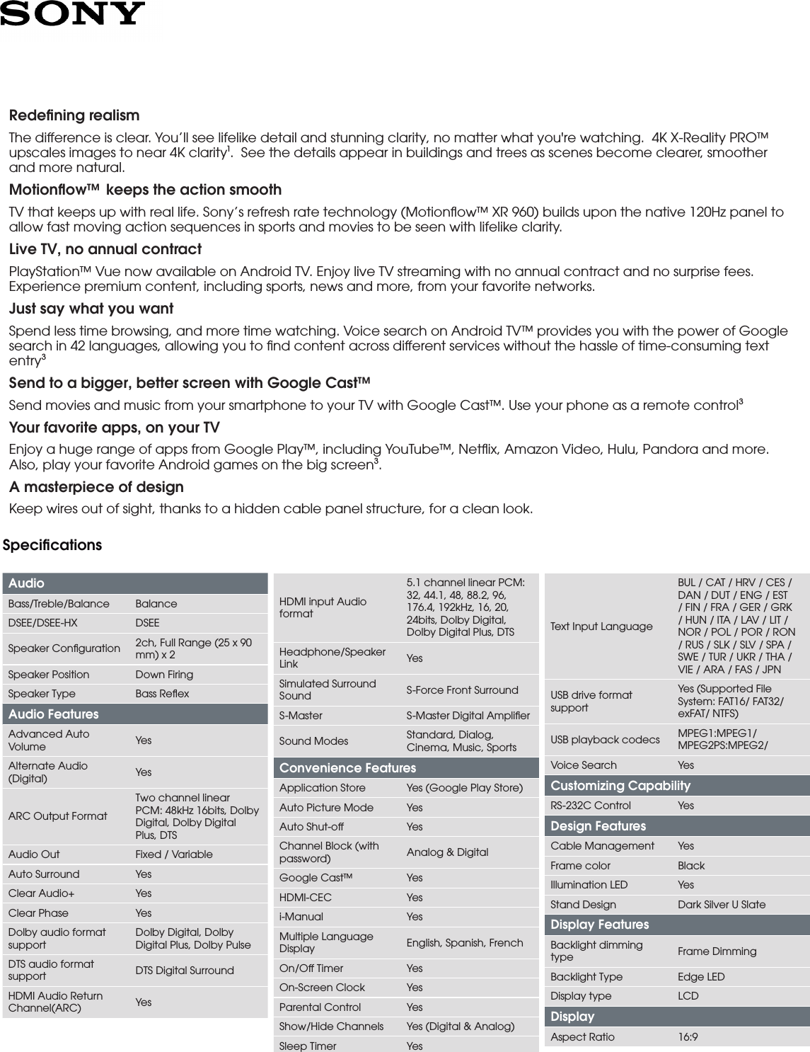 Page 2 of 4 - Sony XBR-65X850E User Manual Marketing Specifications XBR65X850E Mksp