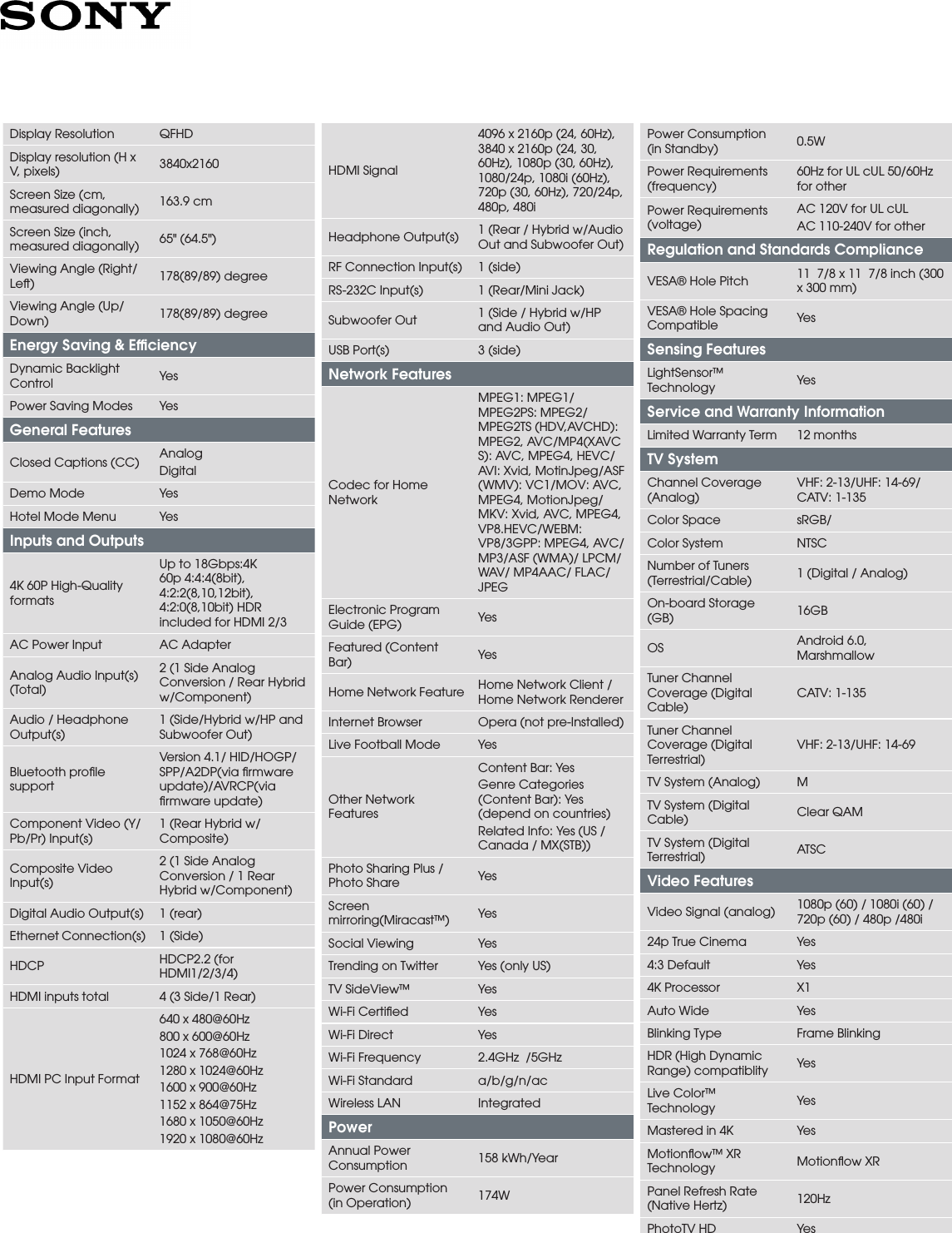 Page 3 of 4 - Sony XBR-65X850E User Manual Marketing Specifications XBR65X850E Mksp